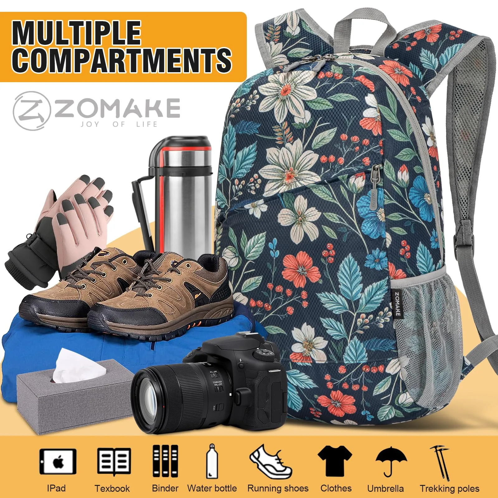 ZOMAKE Zaino Pieghevole Ultraleggero da Viaggio 20L (Fiore) - immagine 4