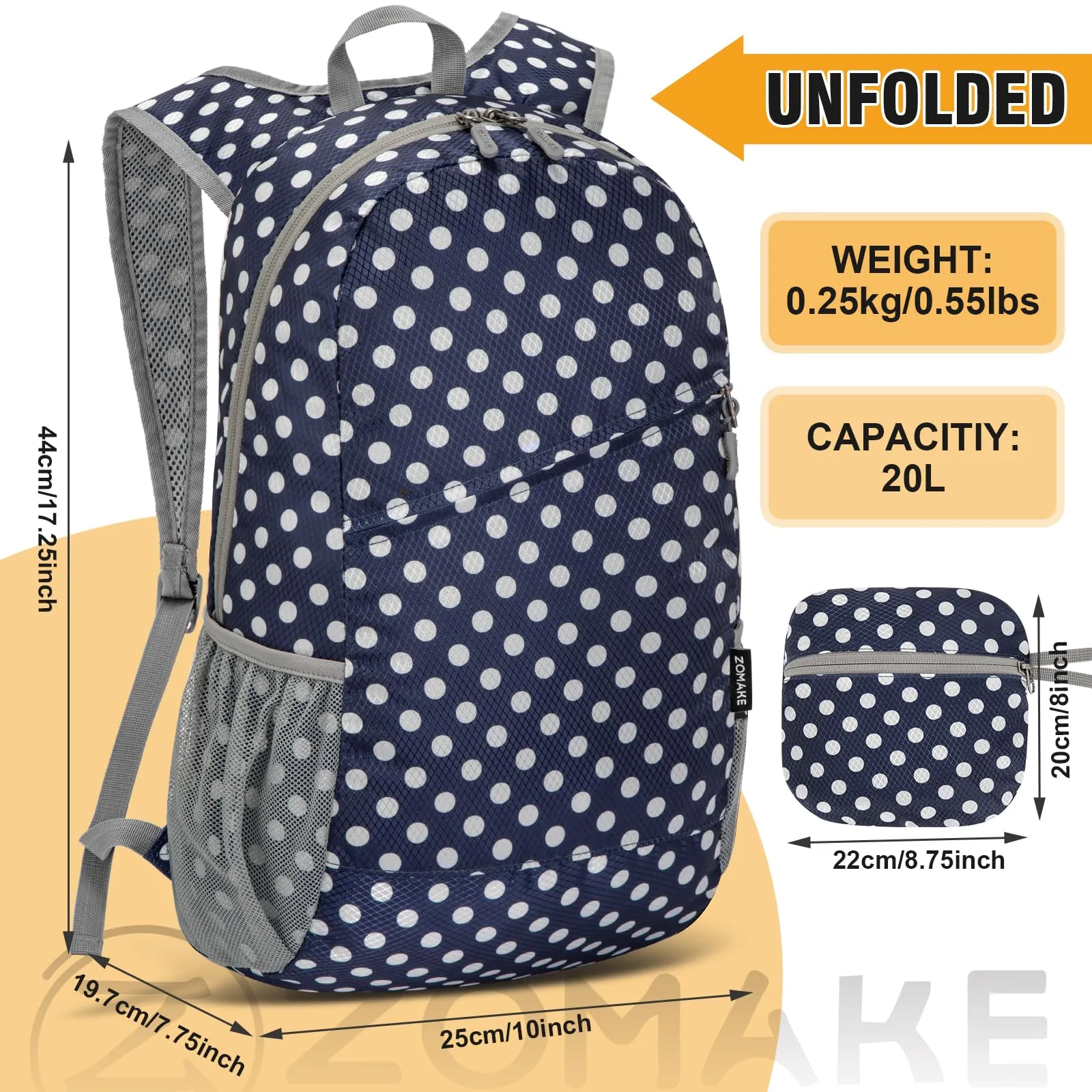 ZOMAKE Zaino Pieghevole Ultraleggero da Viaggio 20L (Pois Bianchi & Blu) - immagine 3