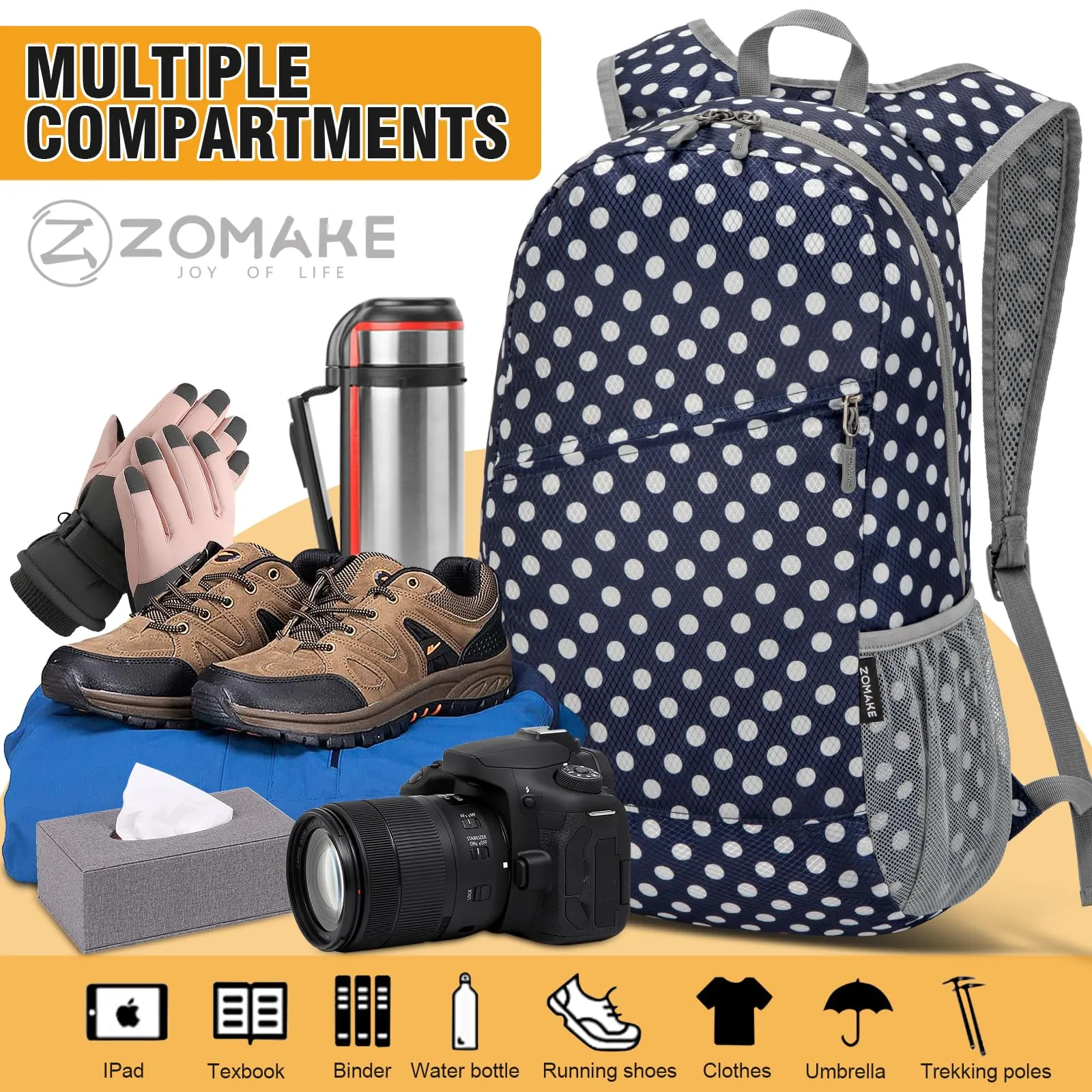 ZOMAKE Zaino Pieghevole Ultraleggero da Viaggio 20L (Pois Bianchi & Blu) - immagine 4