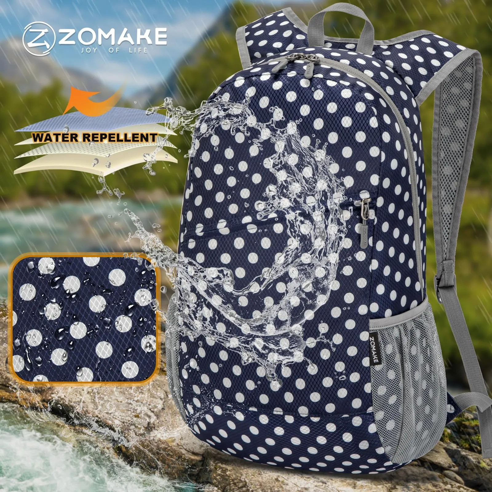 ZOMAKE Zaino Pieghevole Ultraleggero da Viaggio 20L (Pois Bianchi & Blu) - immagine 5