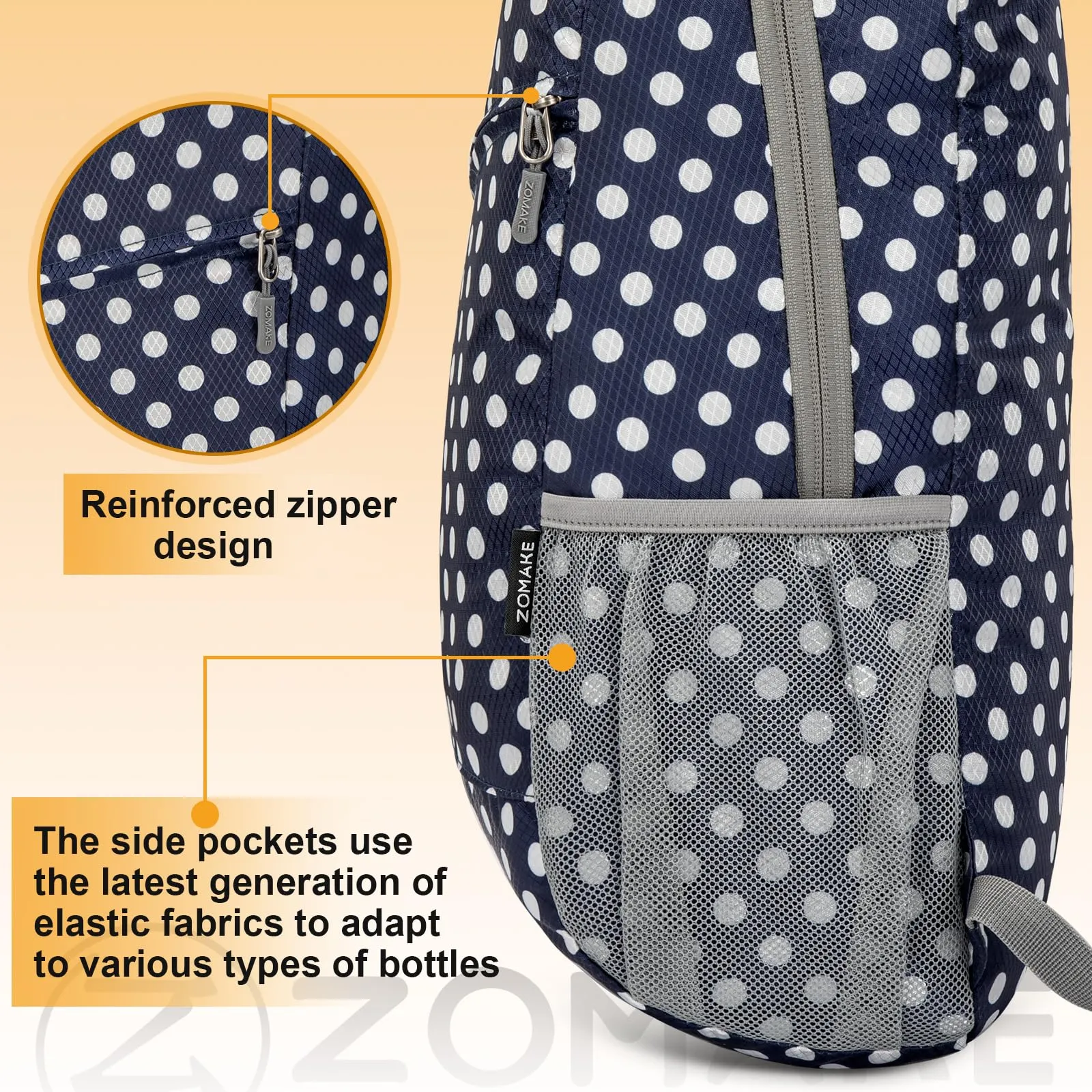 ZOMAKE Zaino Pieghevole Ultraleggero da Viaggio 20L (Pois Bianchi & Blu) - immagine 7