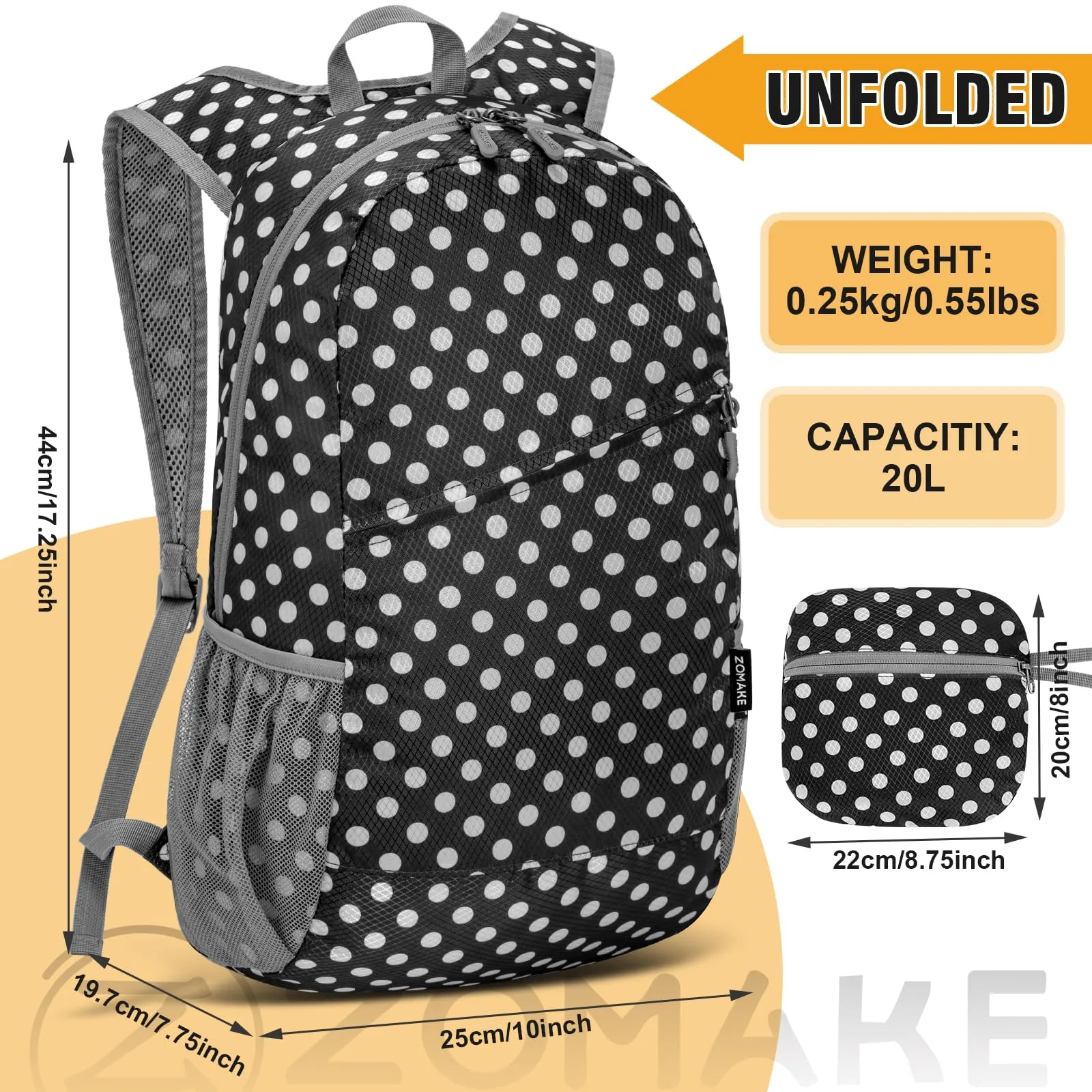 ZOMAKE Zaino Pieghevole Ultraleggero 20L (Pois Bianchi & Nero) - immagine 3