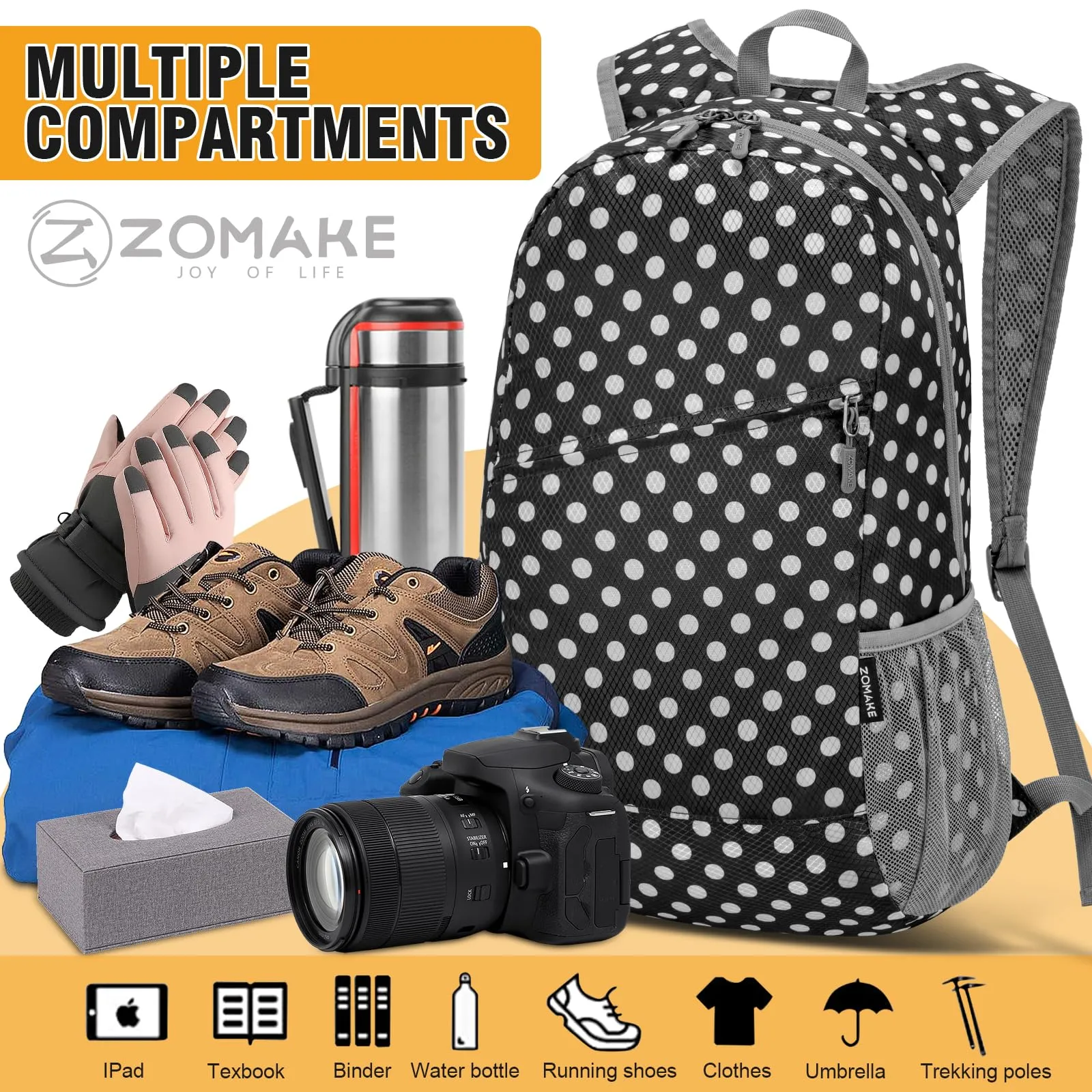 ZOMAKE Zaino Pieghevole Ultraleggero 20L (Pois Bianchi & Nero) - immagine 4