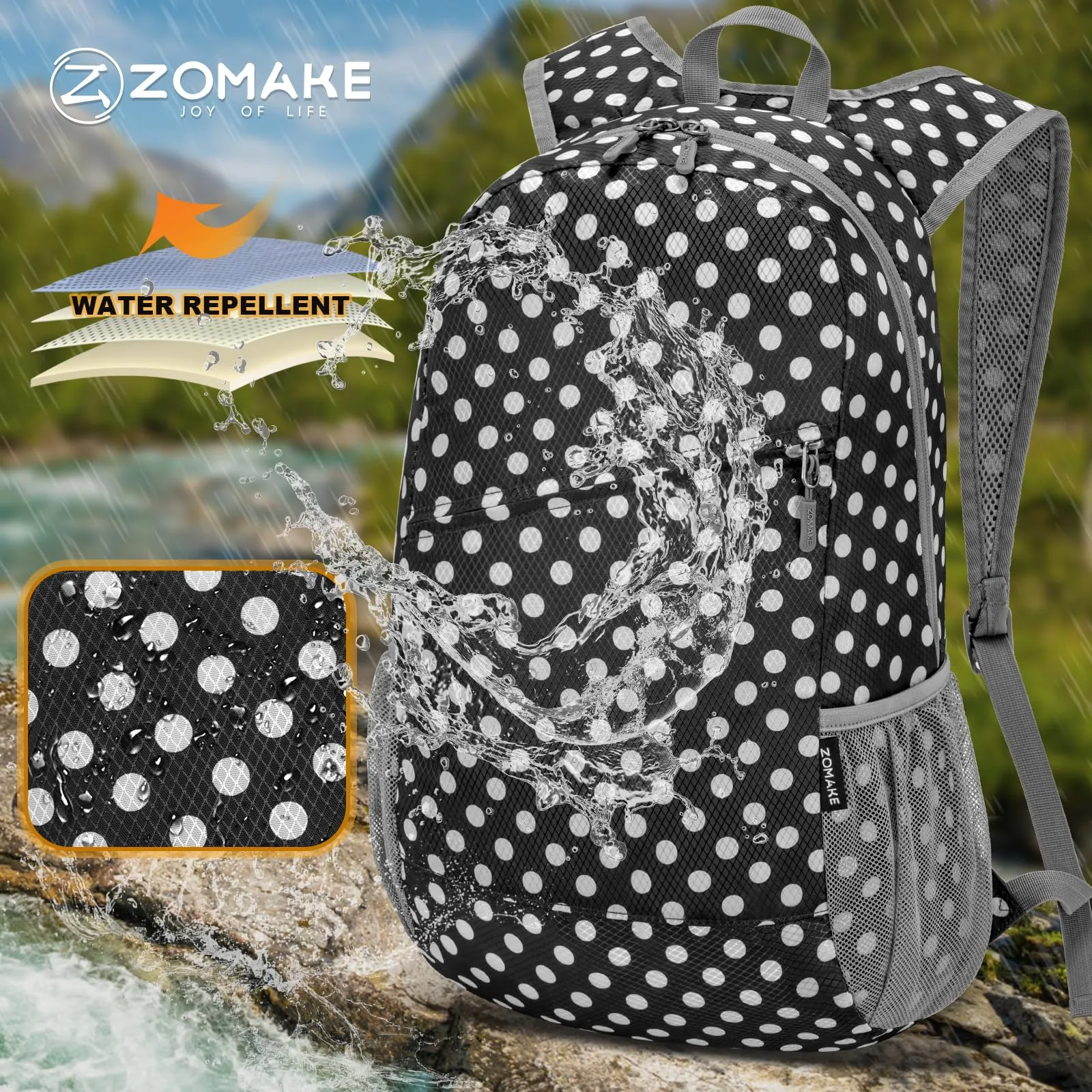 ZOMAKE Zaino Pieghevole Ultraleggero 20L (Pois Bianchi & Nero) - immagine 5