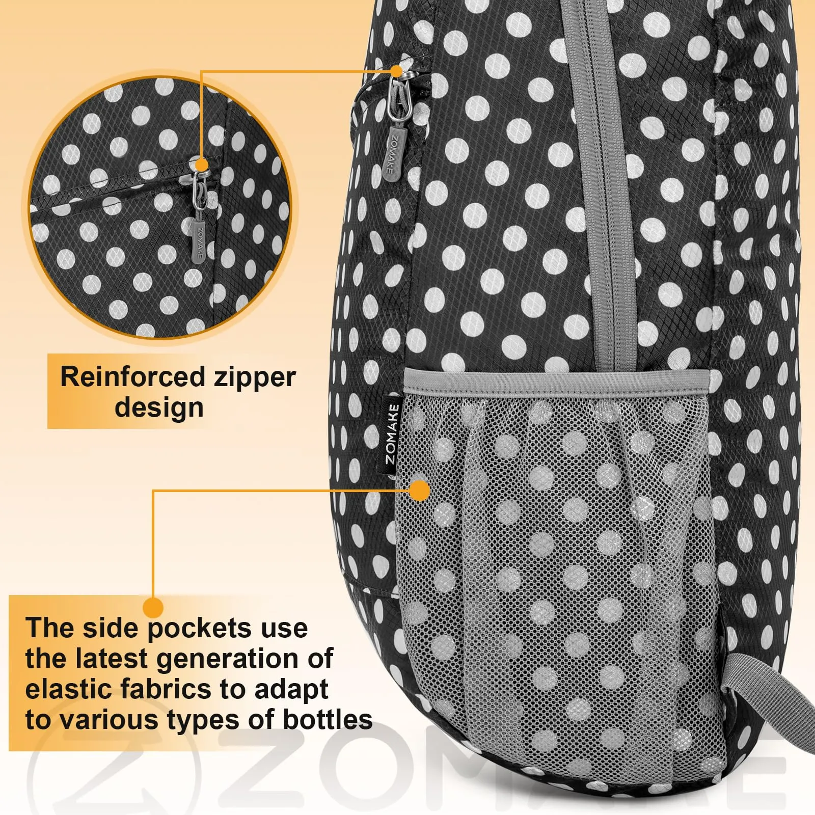 ZOMAKE Zaino Pieghevole Ultraleggero 20L (Pois Bianchi & Nero) - immagine 7