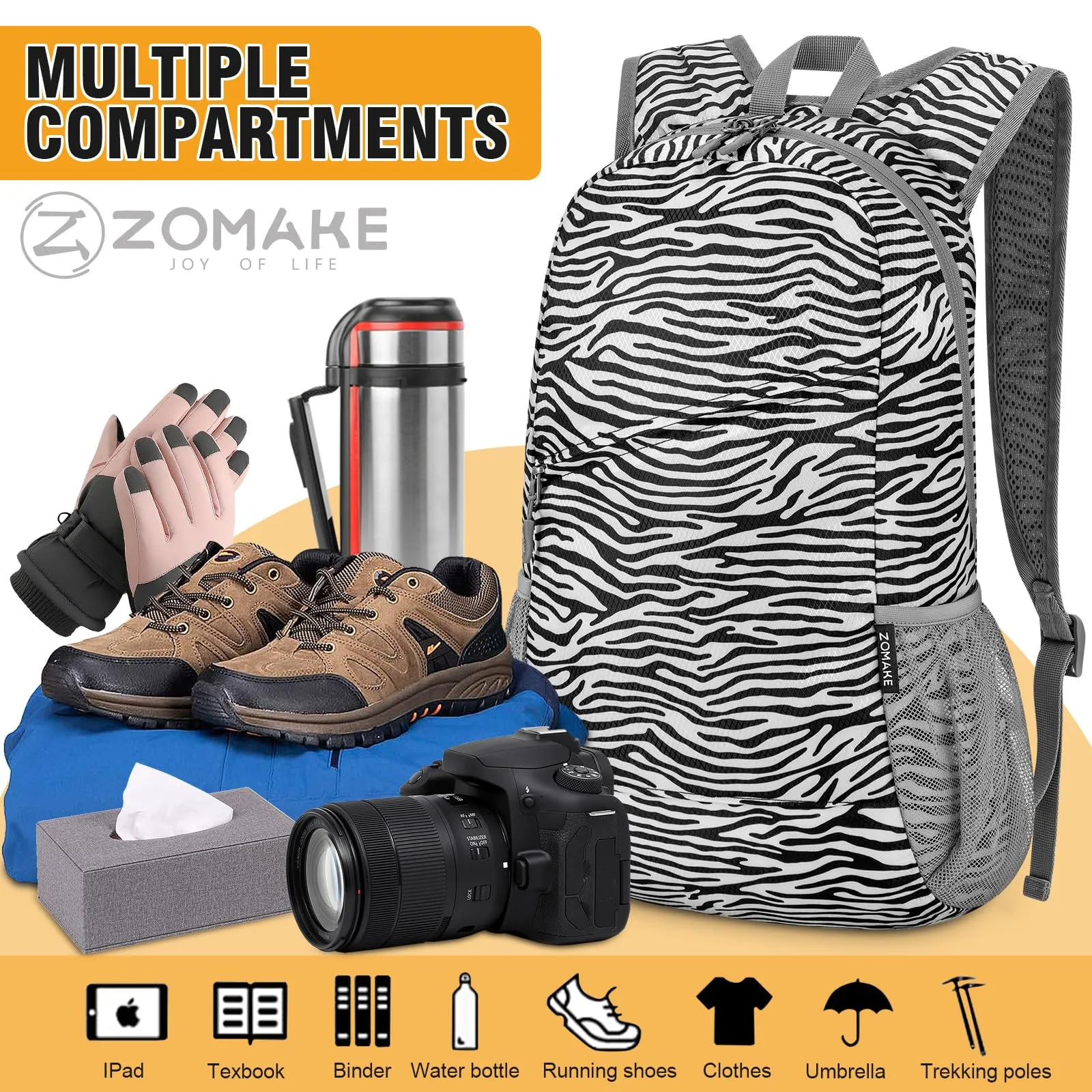ZOMAKE Zaino Pieghevole Ultraleggero da Viaggio 20L (Righe Bianche e Nere) - immagine 4