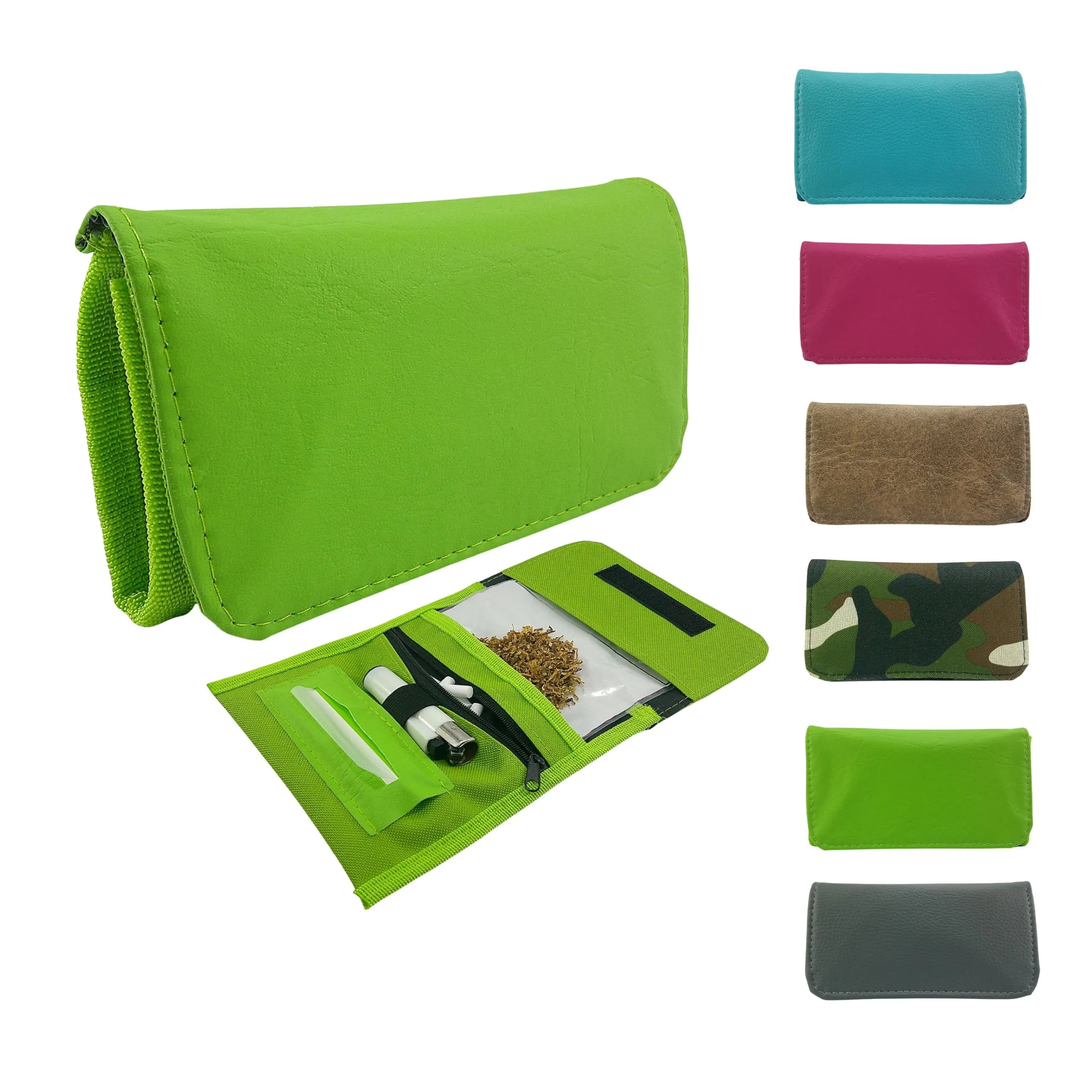 Mialand Porta Tabacco Verde in Similpelle e Tessuto con Porta Cartine, Filtri e Accendino, 16 x 9 cm - immagine 1