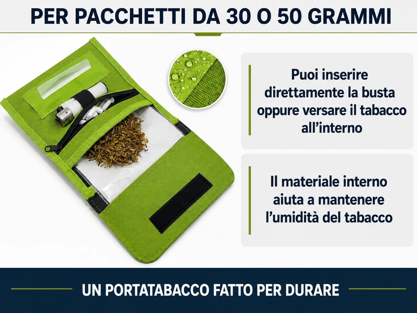Mialand Porta Tabacco Verde in Similpelle e Tessuto con Porta Cartine, Filtri e Accendino, 16 x 9 cm - immagine 6