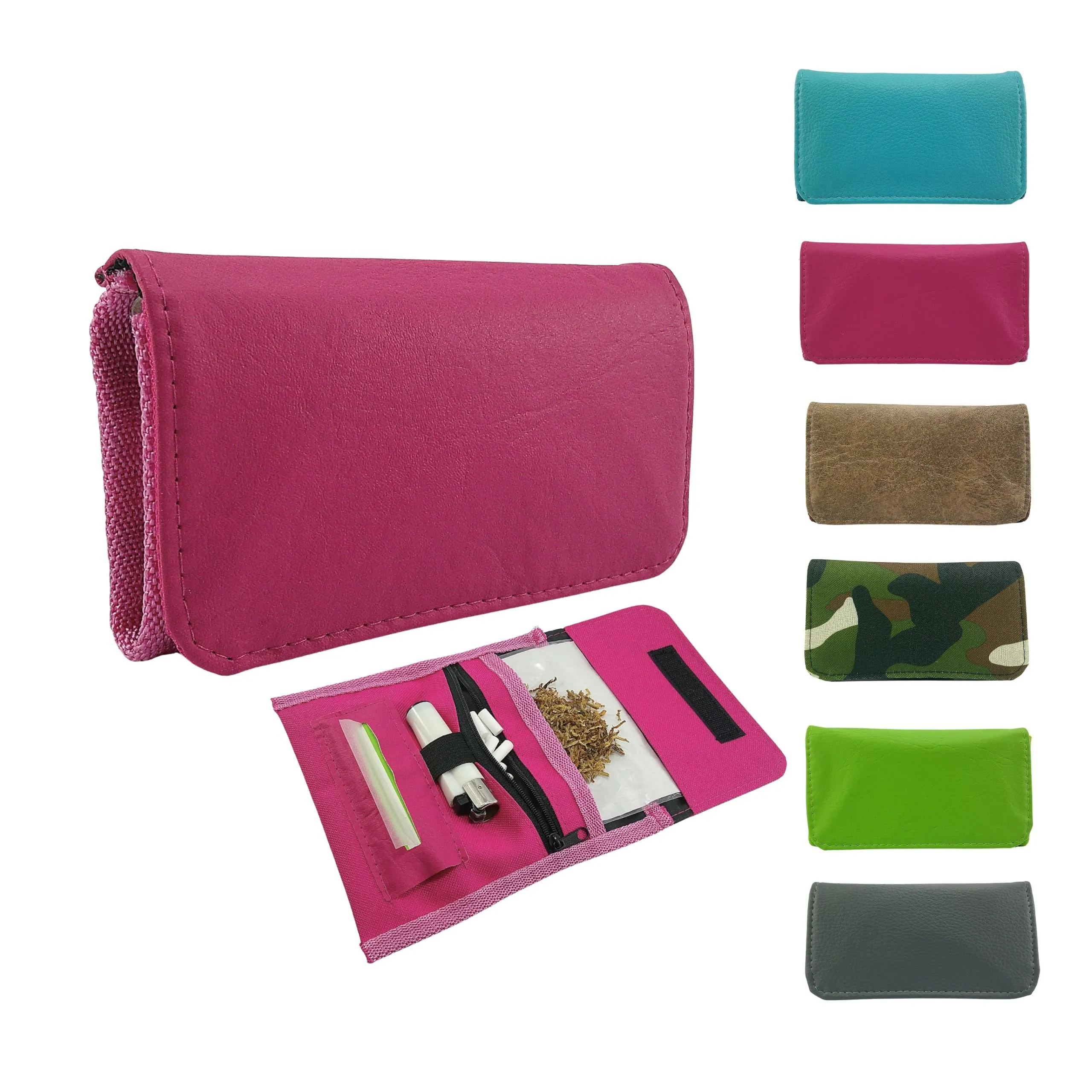 Mialand Porta Tabacco Rosa in Similpelle e Tessuto Impermeabile con Scomparti per Cartine, Filtri e Accendino, 16 x 9 cm - immagine 1