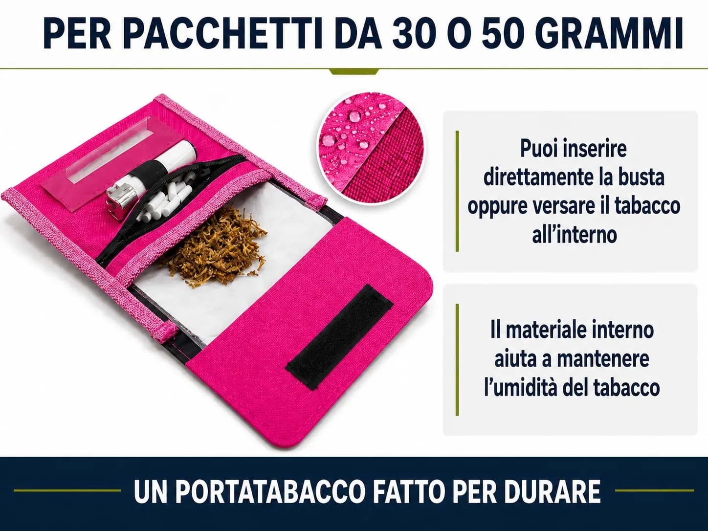 Mialand Porta Tabacco Rosa in Similpelle e Tessuto Impermeabile con Scomparti per Cartine, Filtri e Accendino, 16 x 9 cm - immagine 5