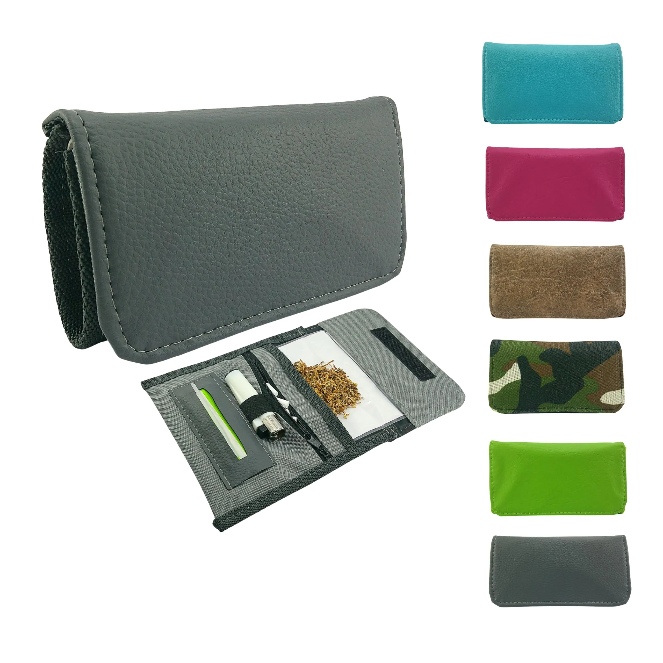 Mialand Porta Tabacco Grigio in Similpelle e Tessuto Impermeabile con Porta Cartine, Filtri e Accendino, 16 x 9 cm - immagine 1
