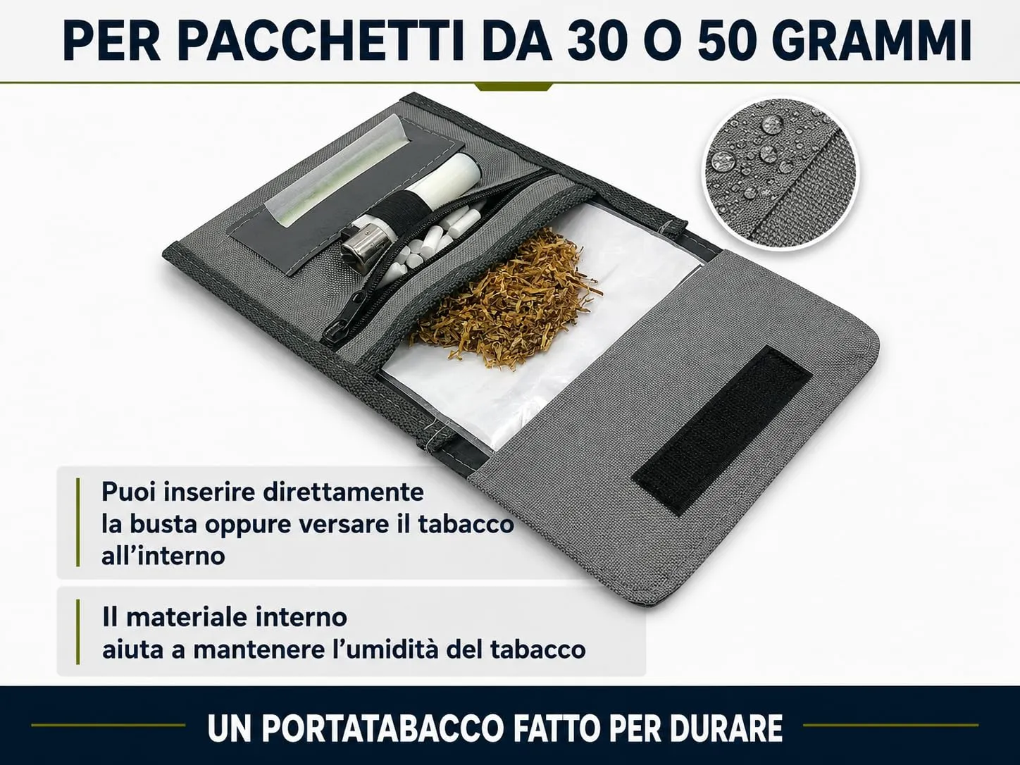 Mialand Porta Tabacco Grigio in Similpelle e Tessuto Impermeabile con Porta Cartine, Filtri e Accendino, 16 x 9 cm - immagine 5