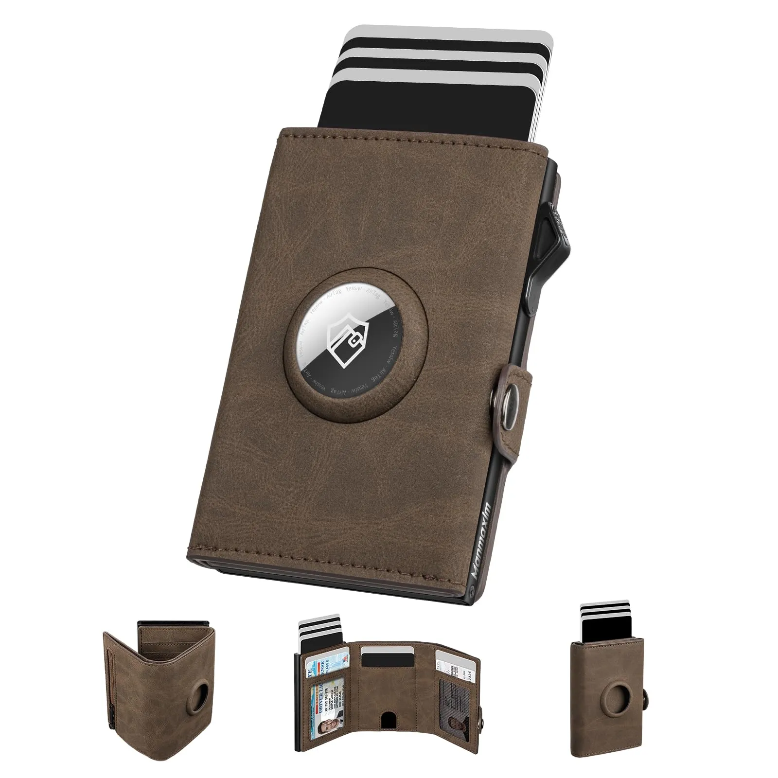 Manmaxim Portafoglio Uomo Slim con AirTag, Portacarte Pop-Up RFID, Capacità 9-12 Carte e Portamonete, Marrone - immagine 1
