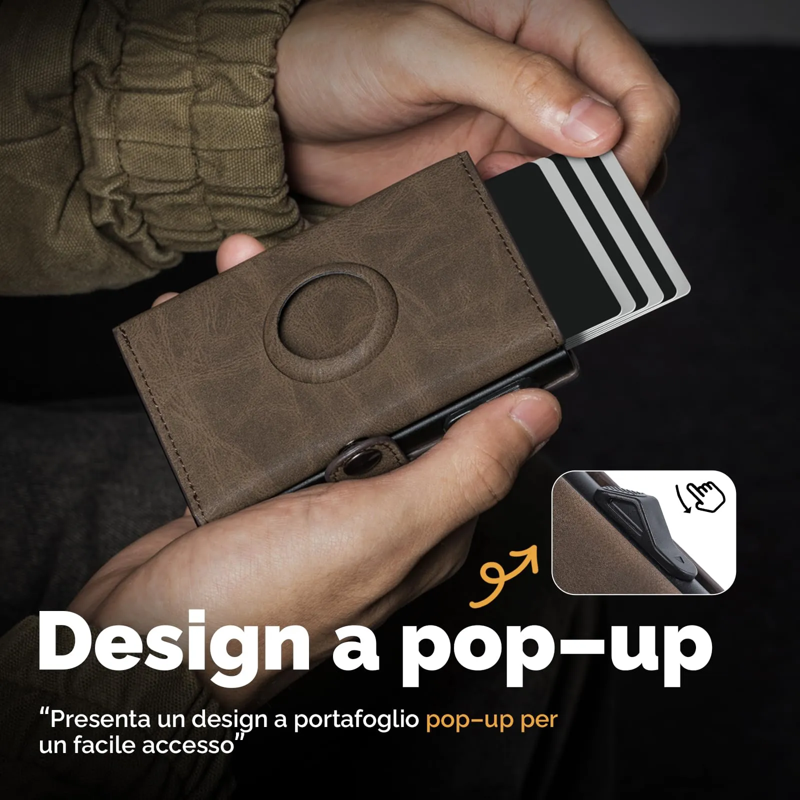 Manmaxim Portafoglio Uomo Slim con AirTag, Portacarte Pop-Up RFID, Capacità 9-12 Carte e Portamonete, Marrone - immagine 2