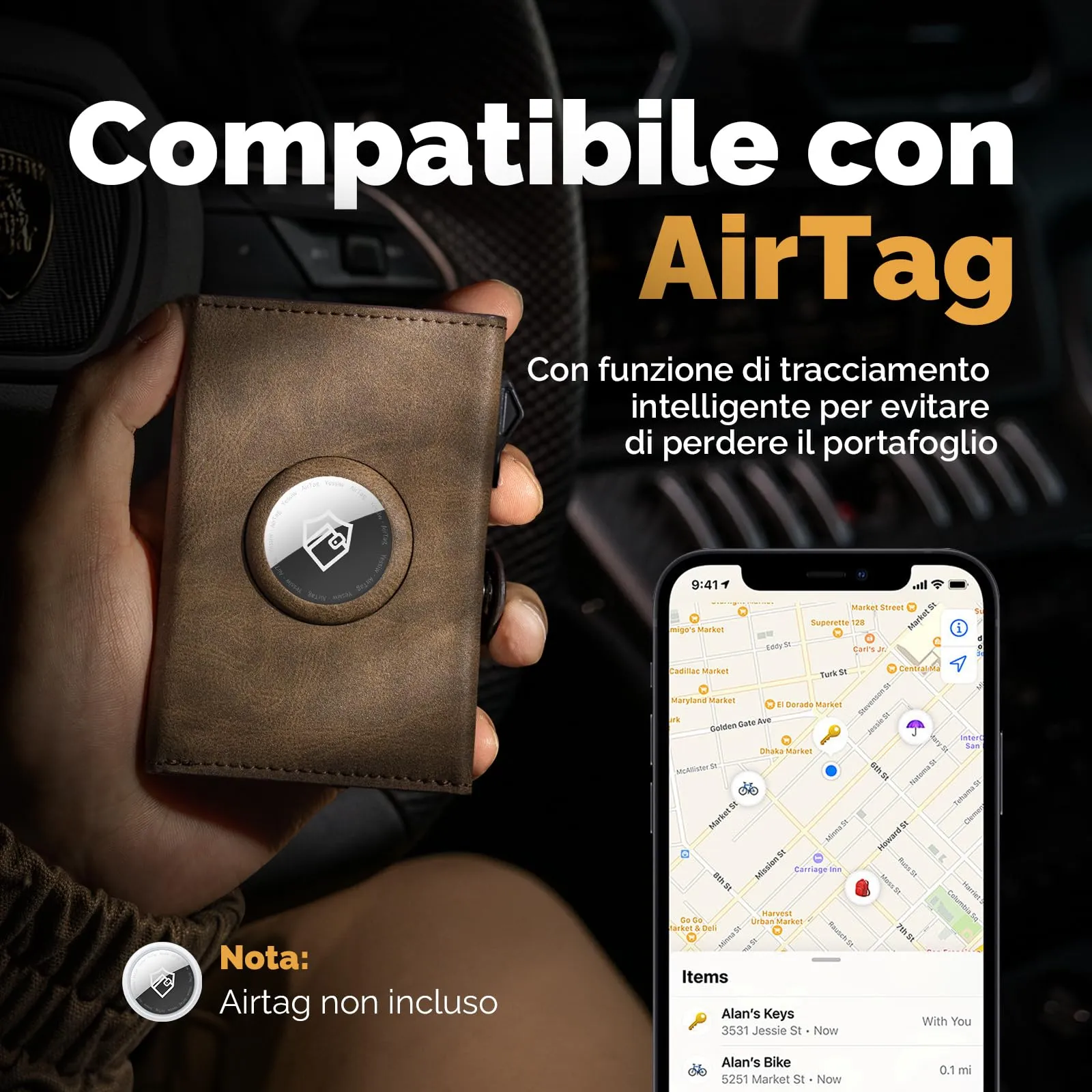 Manmaxim Portafoglio Uomo Slim con AirTag, Portacarte Pop-Up RFID, Capacità 9-12 Carte e Portamonete, Marrone - immagine 3