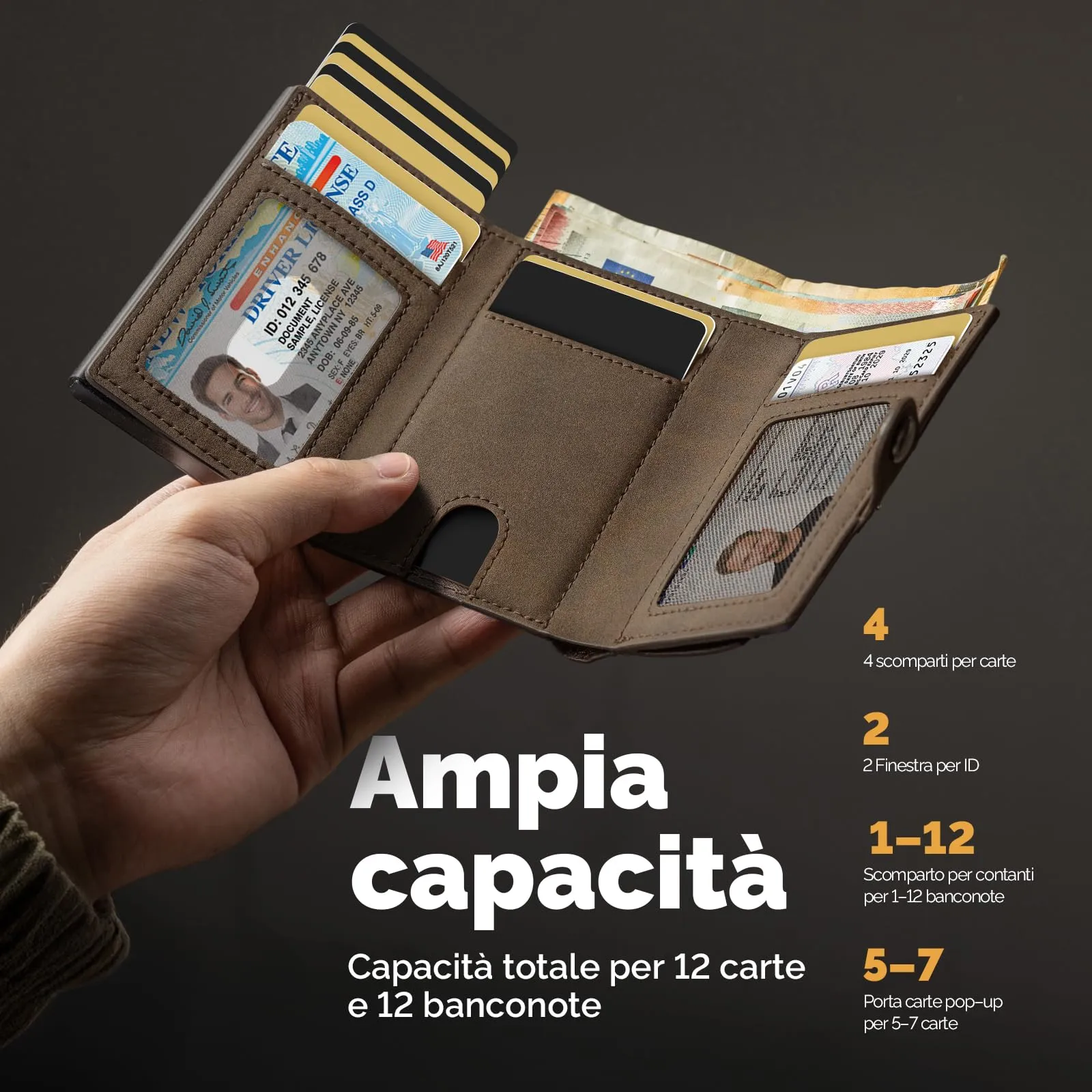 Manmaxim Portafoglio Uomo Slim con AirTag, Portacarte Pop-Up RFID, Capacità 9-12 Carte e Portamonete, Marrone - immagine 4