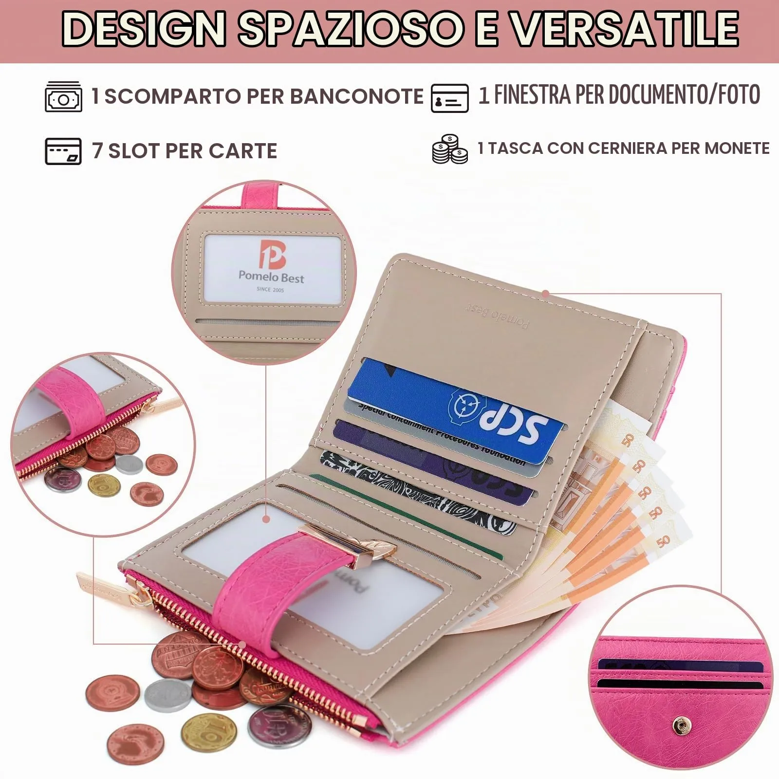 Pomelo Best Portafoglio Donna Compatto con Zip e Scomparti per Carte (Magenta) - immagine 2