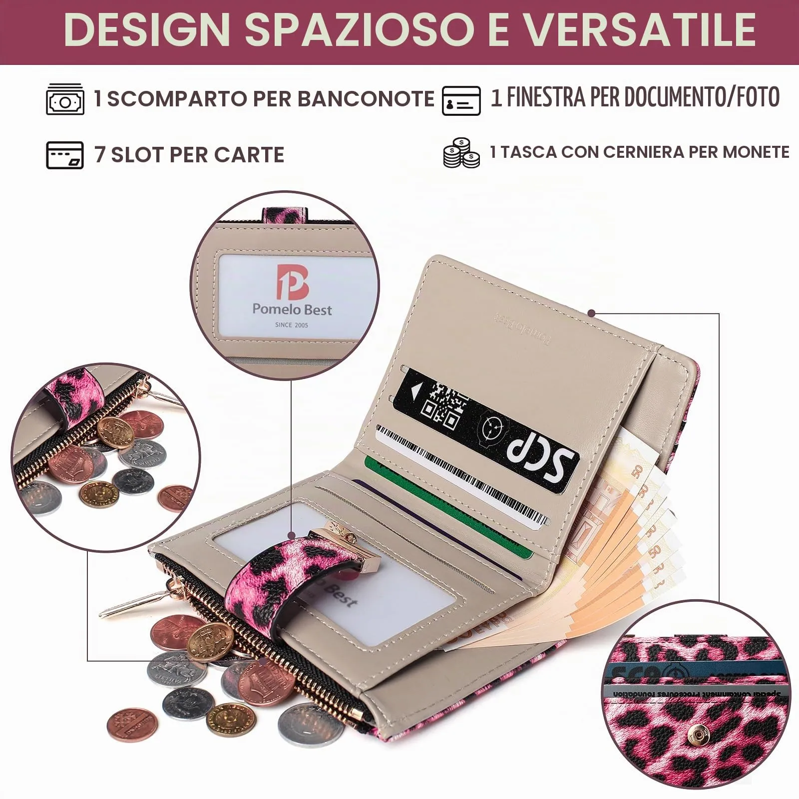 Pomelo Best Piccolo Portafoglio Donna Compatto con Zip e Scomparti per Carte (Leopardo Rosa) - immagine 2