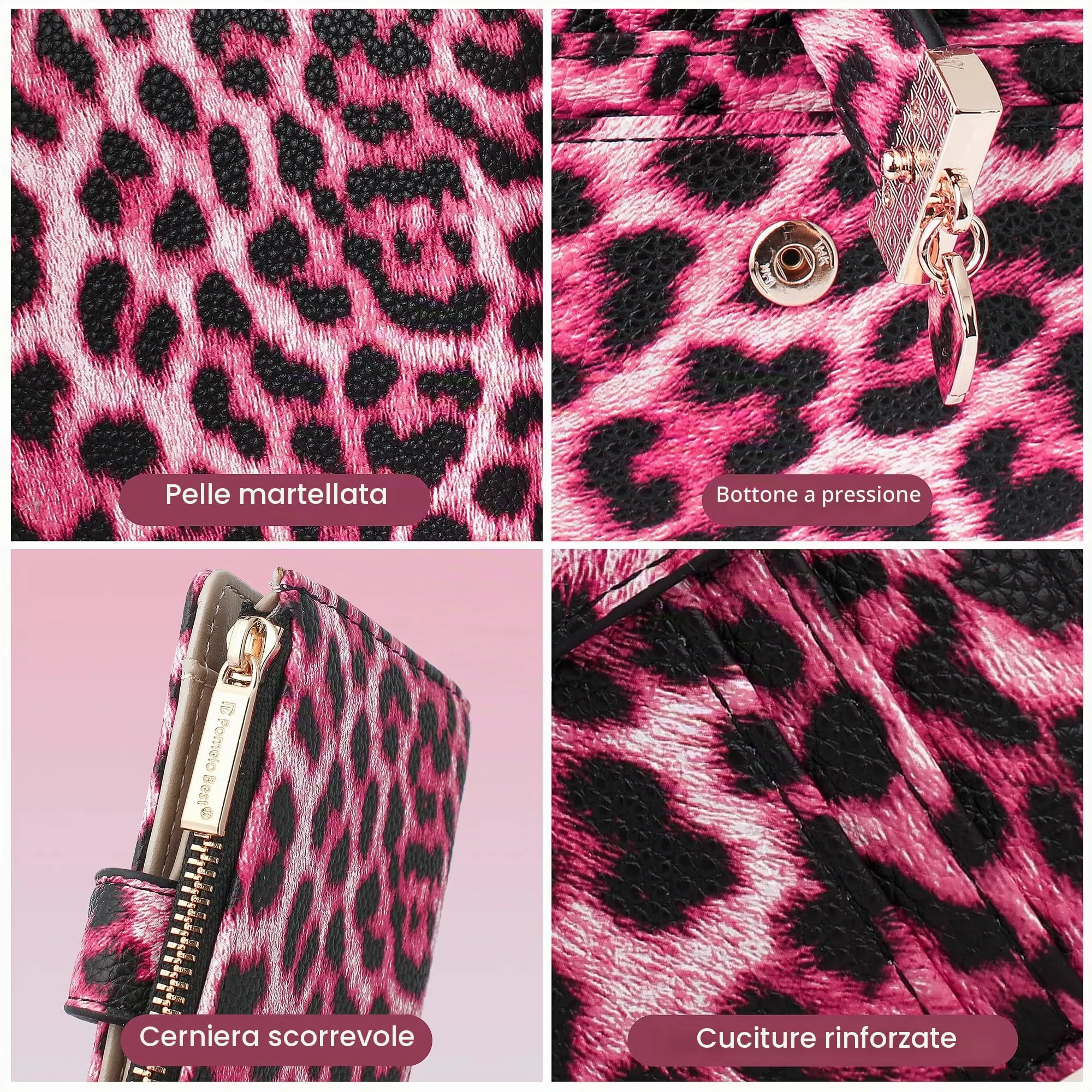 Pomelo Best Piccolo Portafoglio Donna Compatto con Zip e Scomparti per Carte (Leopardo Rosa) - immagine 3
