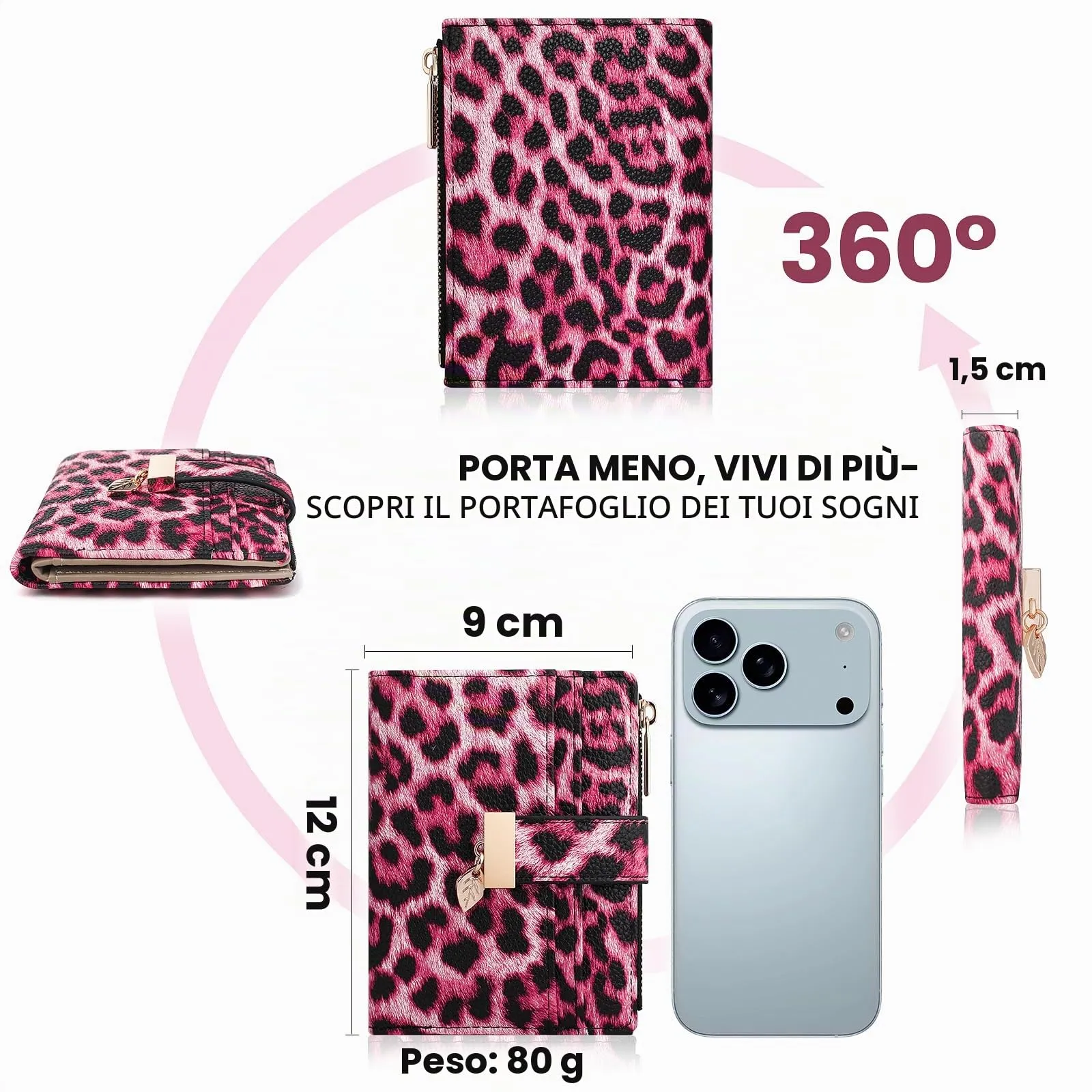 Pomelo Best Piccolo Portafoglio Donna Compatto con Zip e Scomparti per Carte (Leopardo Rosa) - immagine 5