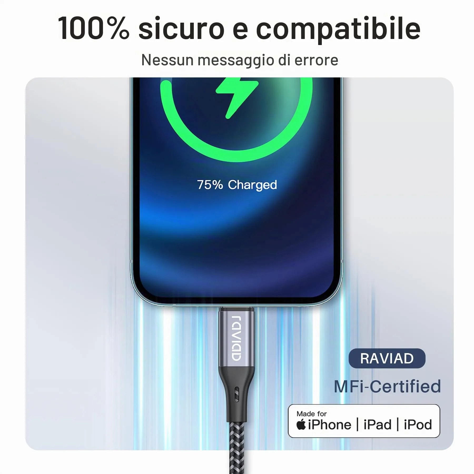 RAVIAD Cavo iPhone Certificato MFi, 50cm, Grigio - immagine 3