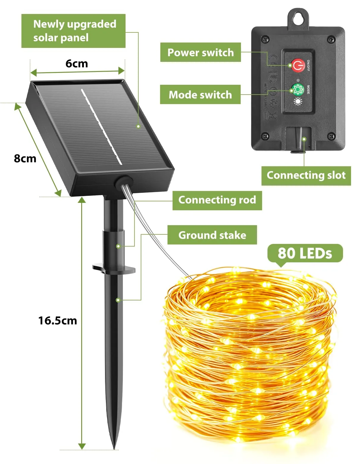 Giliwosy Luci Solari Esterno, 2 Pacchi 8+2M 80 LED Catena Luminosa Bianco Caldo, 8 Modalità, IP65 Impermeabili - immagine 6