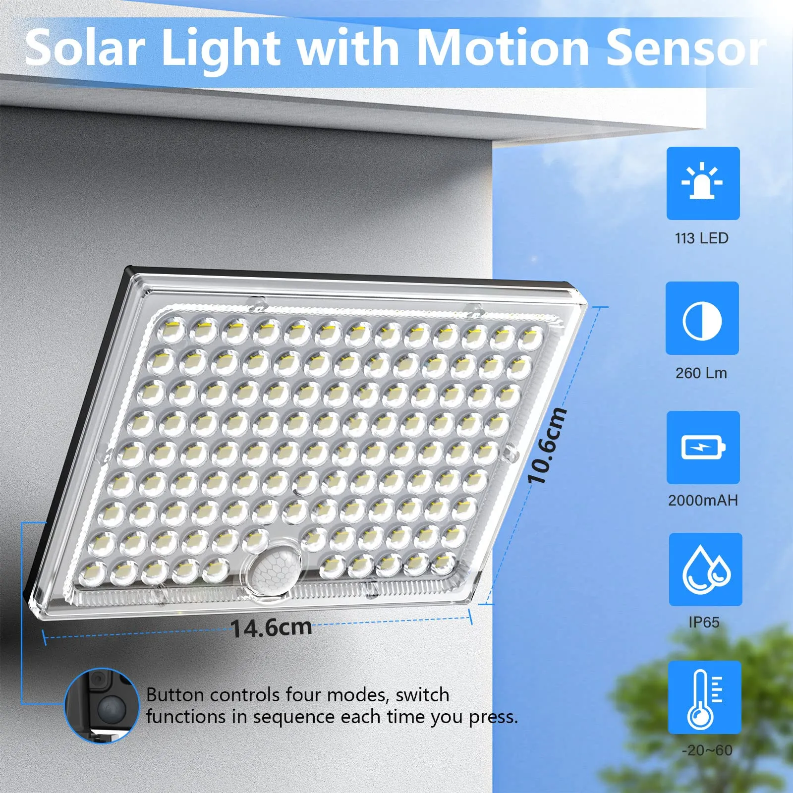 Realky Lampada Solare da Esterno con Sensore di Movimento, 113 LED, 2000mAh, 4 Modalità, Cavo 5m, IP65, Bianco - immagine 4
