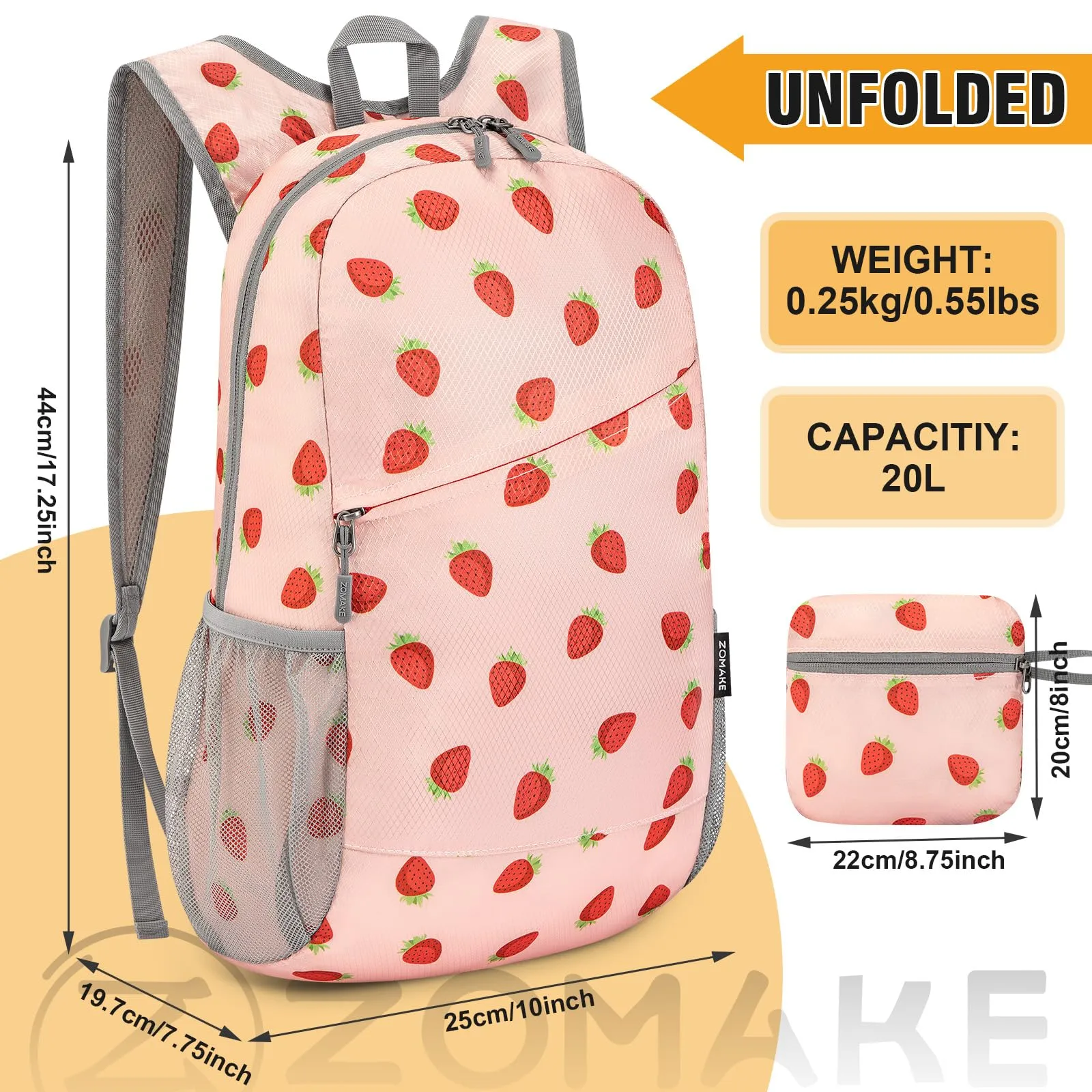 ZOMAKE Zaino Pieghevole Ultraleggero 20L da Viaggio e Trekking (Fragola) - immagine 3