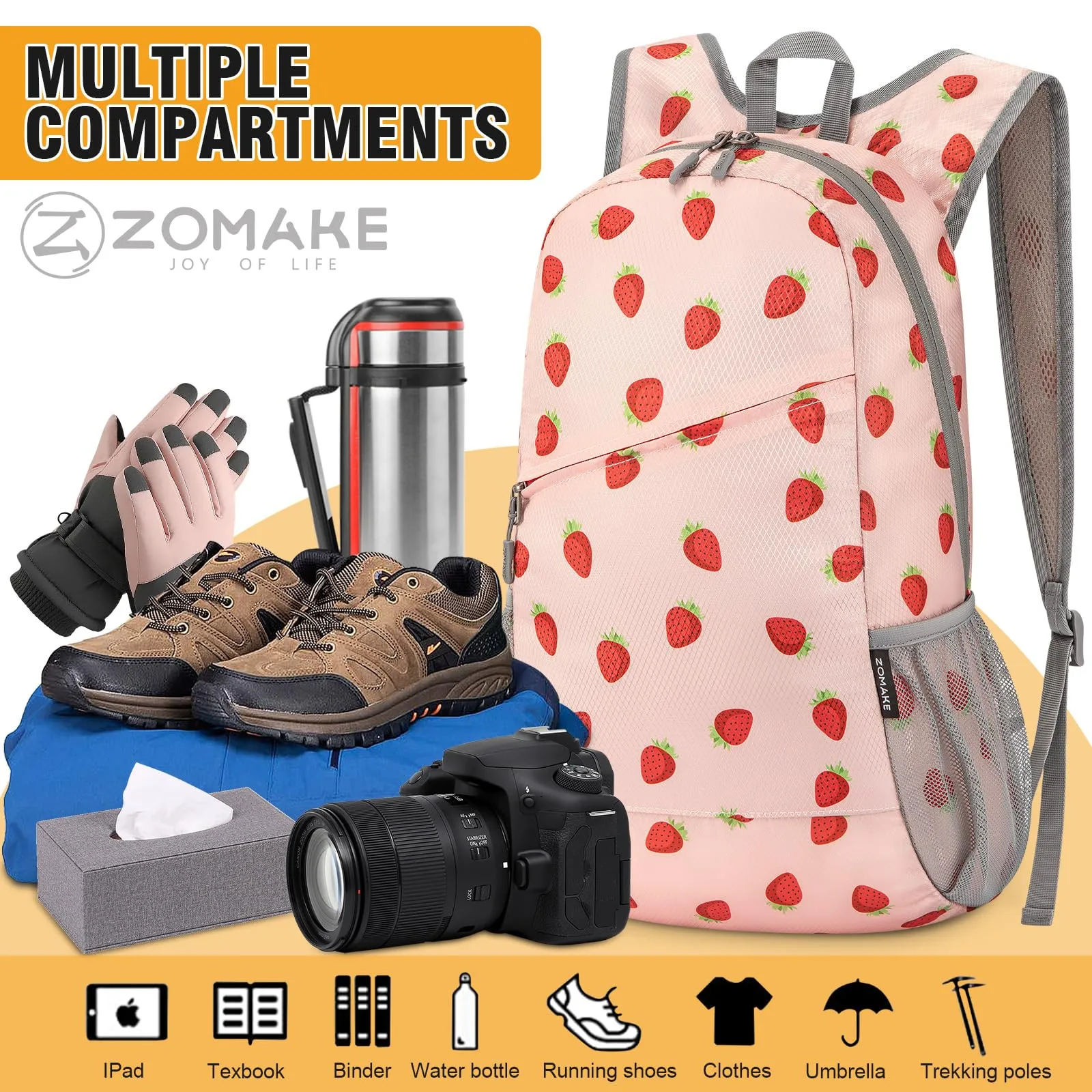 ZOMAKE Zaino Pieghevole Ultraleggero 20L da Viaggio e Trekking (Fragola) - immagine 4
