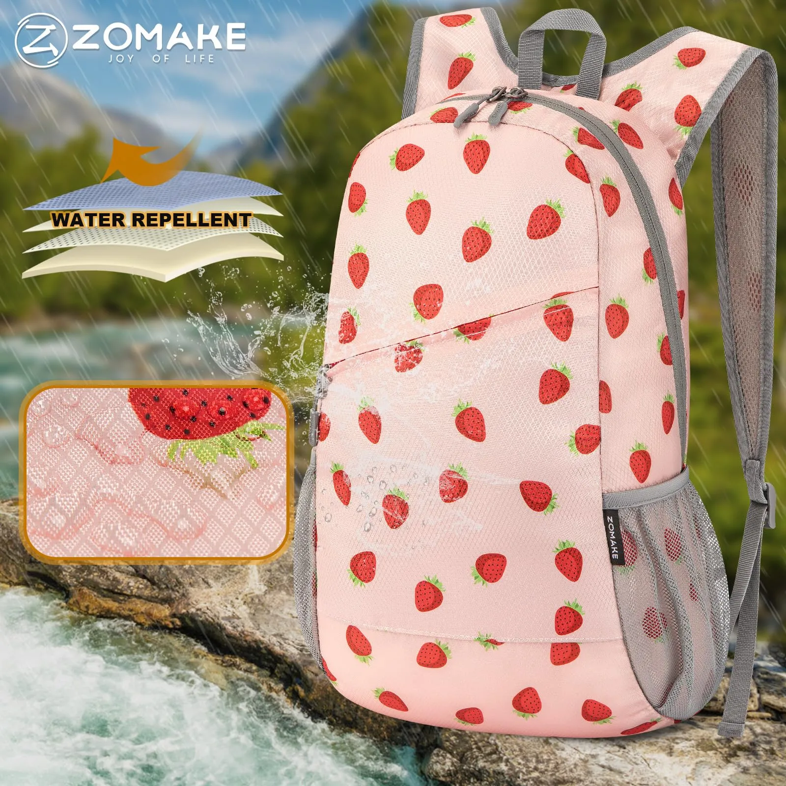 ZOMAKE Zaino Pieghevole Ultraleggero 20L da Viaggio e Trekking (Fragola) - immagine 5