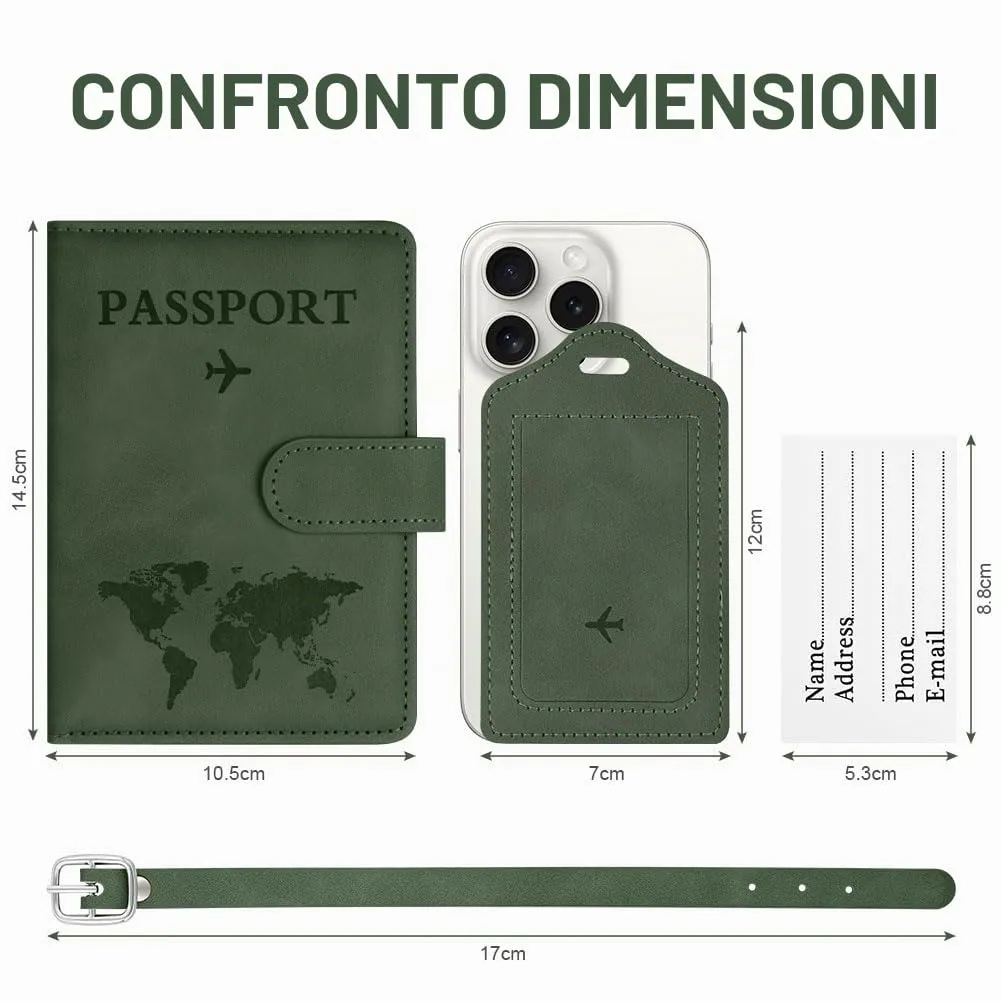 OFFCUP Custodia per Passaporto con Blocco RFID in Pelle PU e Etichetta Valigia, Verde - immagine 2