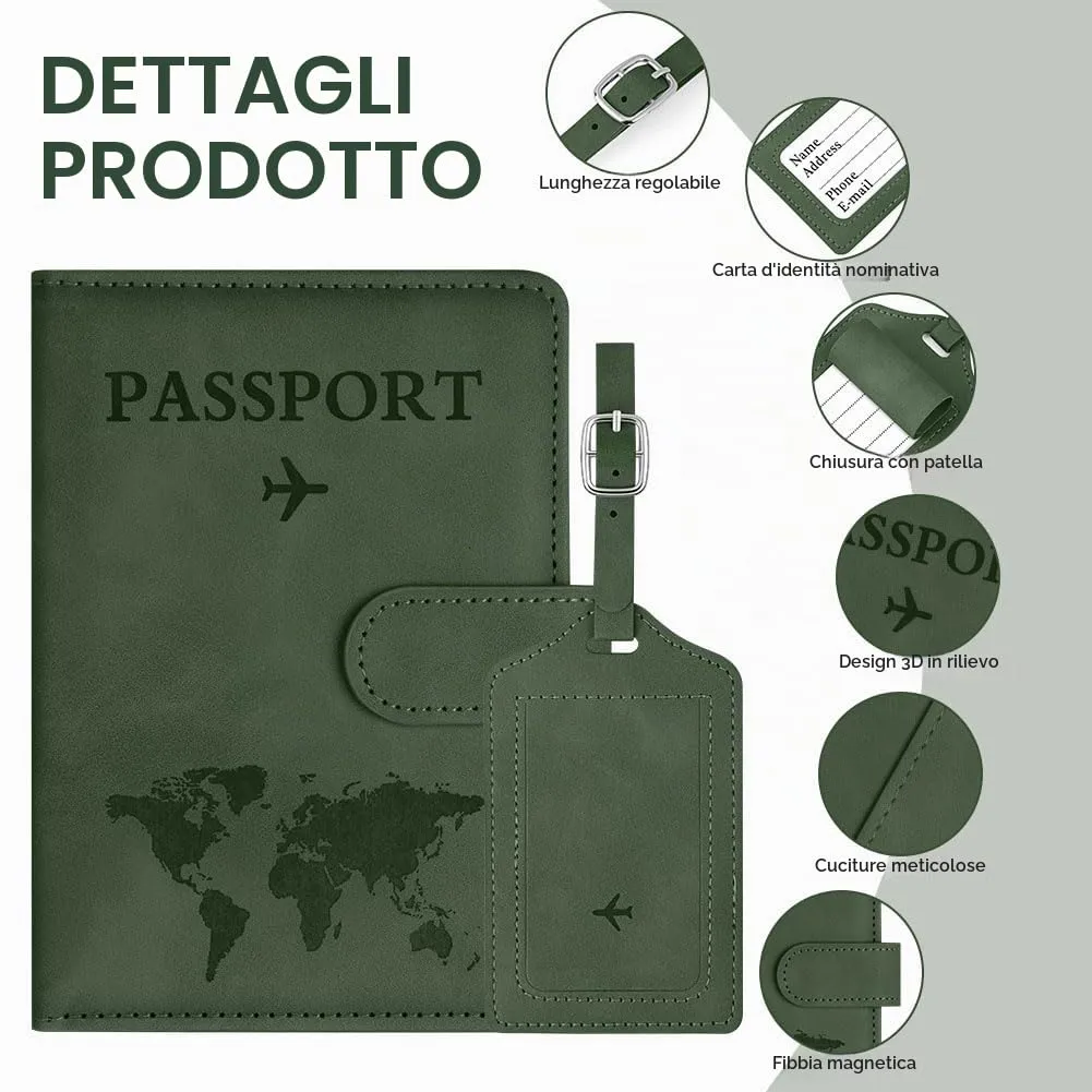 OFFCUP Custodia per Passaporto con Blocco RFID in Pelle PU e Etichetta Valigia, Verde - immagine 3