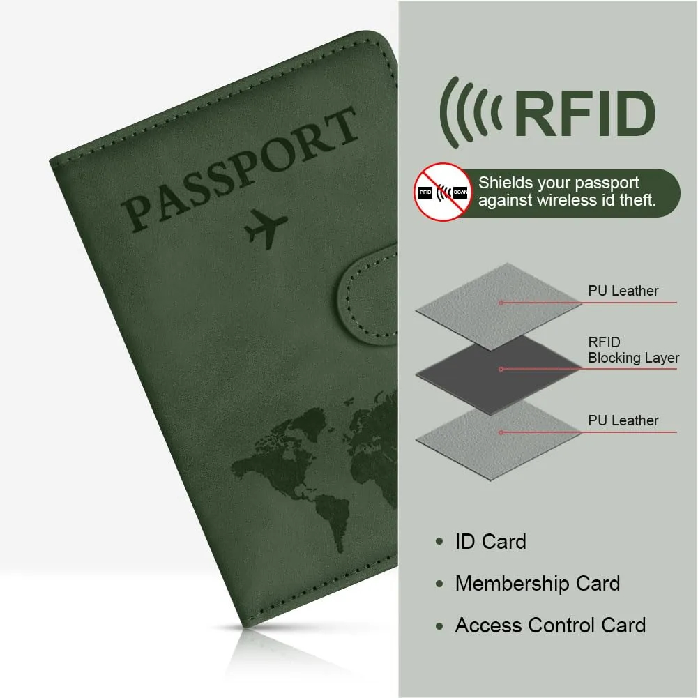 OFFCUP Custodia per Passaporto con Blocco RFID in Pelle PU e Etichetta Valigia, Verde - immagine 5