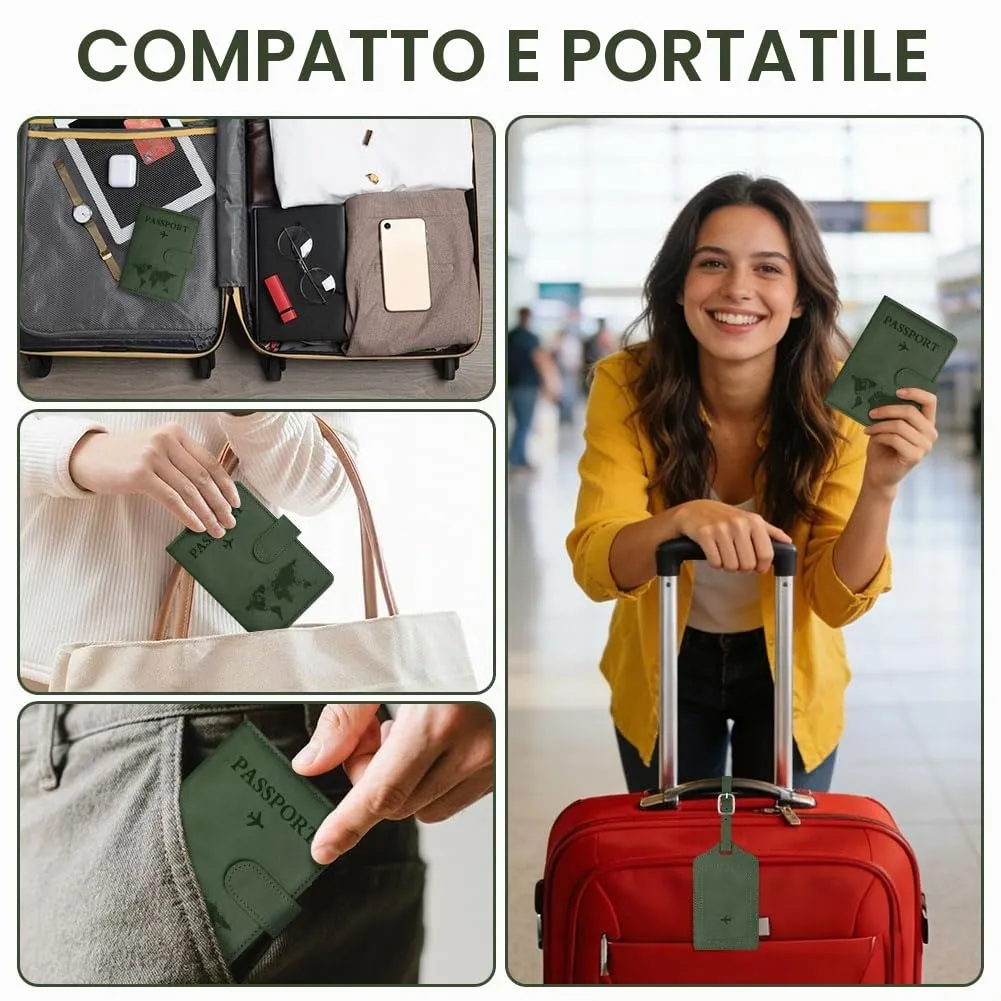 OFFCUP Custodia per Passaporto con Blocco RFID in Pelle PU e Etichetta Valigia, Verde - immagine 7