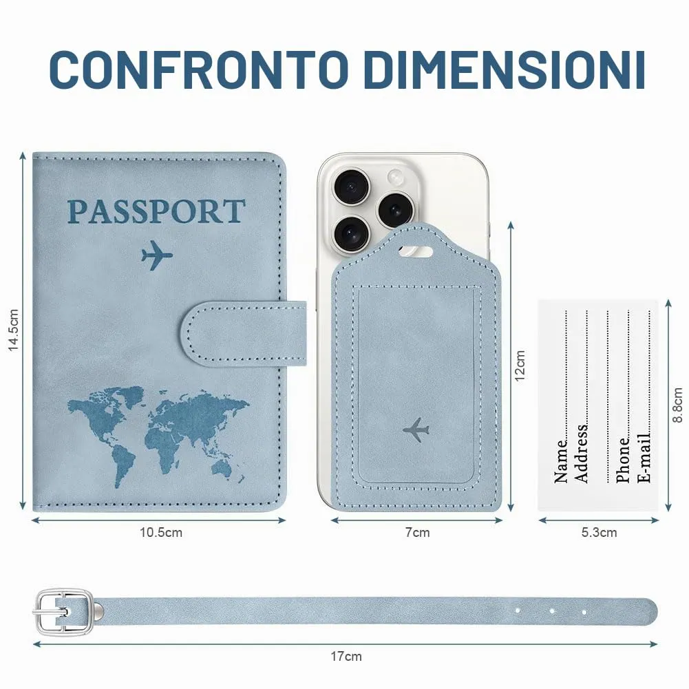 OFFCUP Custodia per Passaporto in Pelle PU con Blocco RFID ed Etichetta Valigia, Azzurro - immagine 2
