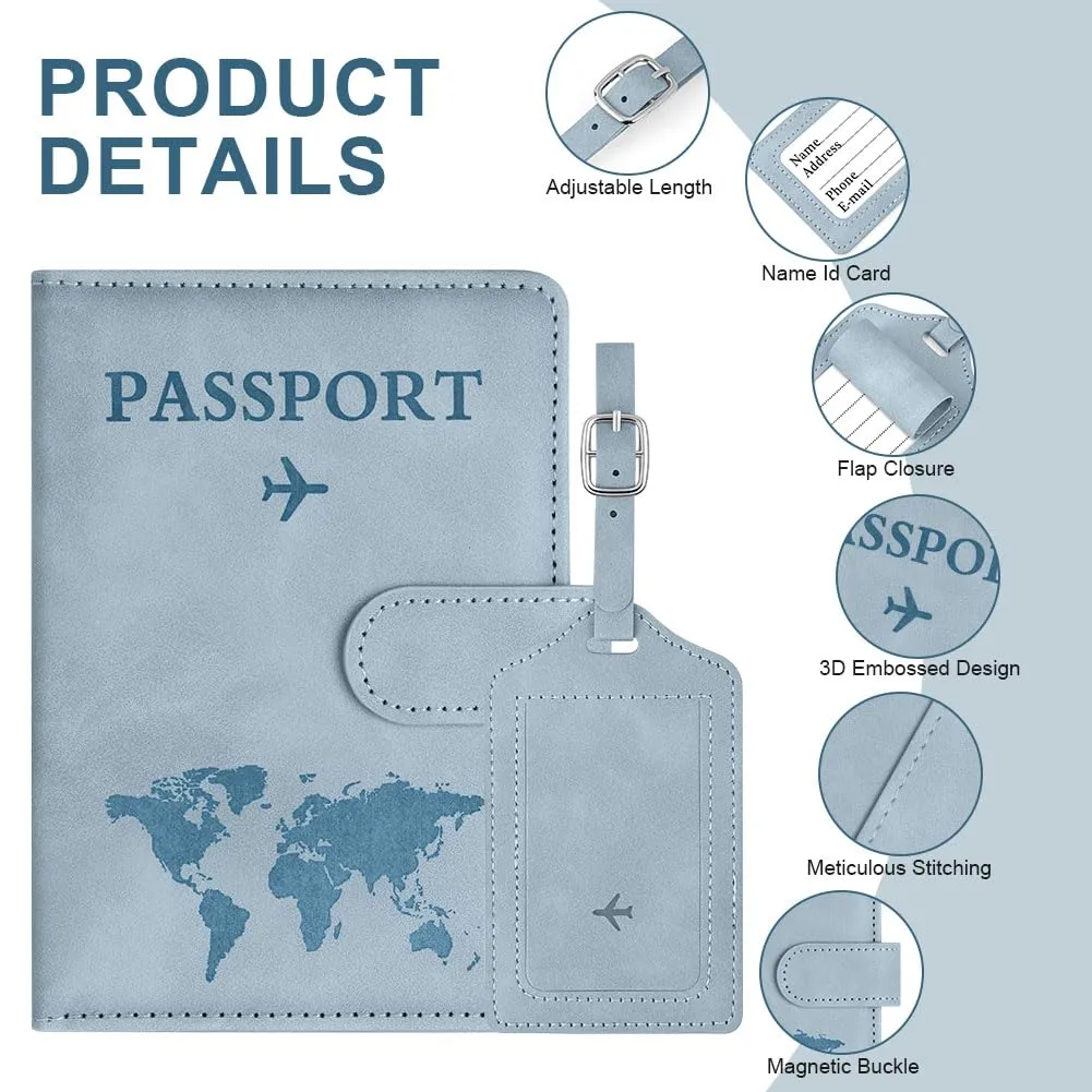 OFFCUP Custodia per Passaporto in Pelle PU con Blocco RFID ed Etichetta Valigia, Azzurro - immagine 3