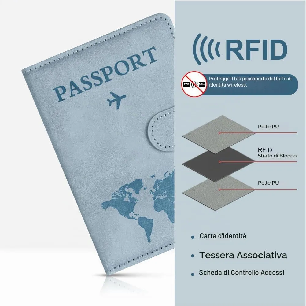 OFFCUP Custodia per Passaporto in Pelle PU con Blocco RFID ed Etichetta Valigia, Azzurro - immagine 5
