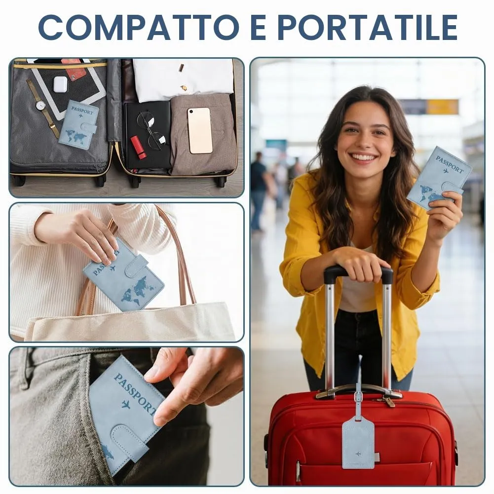 OFFCUP Custodia per Passaporto in Pelle PU con Blocco RFID ed Etichetta Valigia, Azzurro - immagine 7