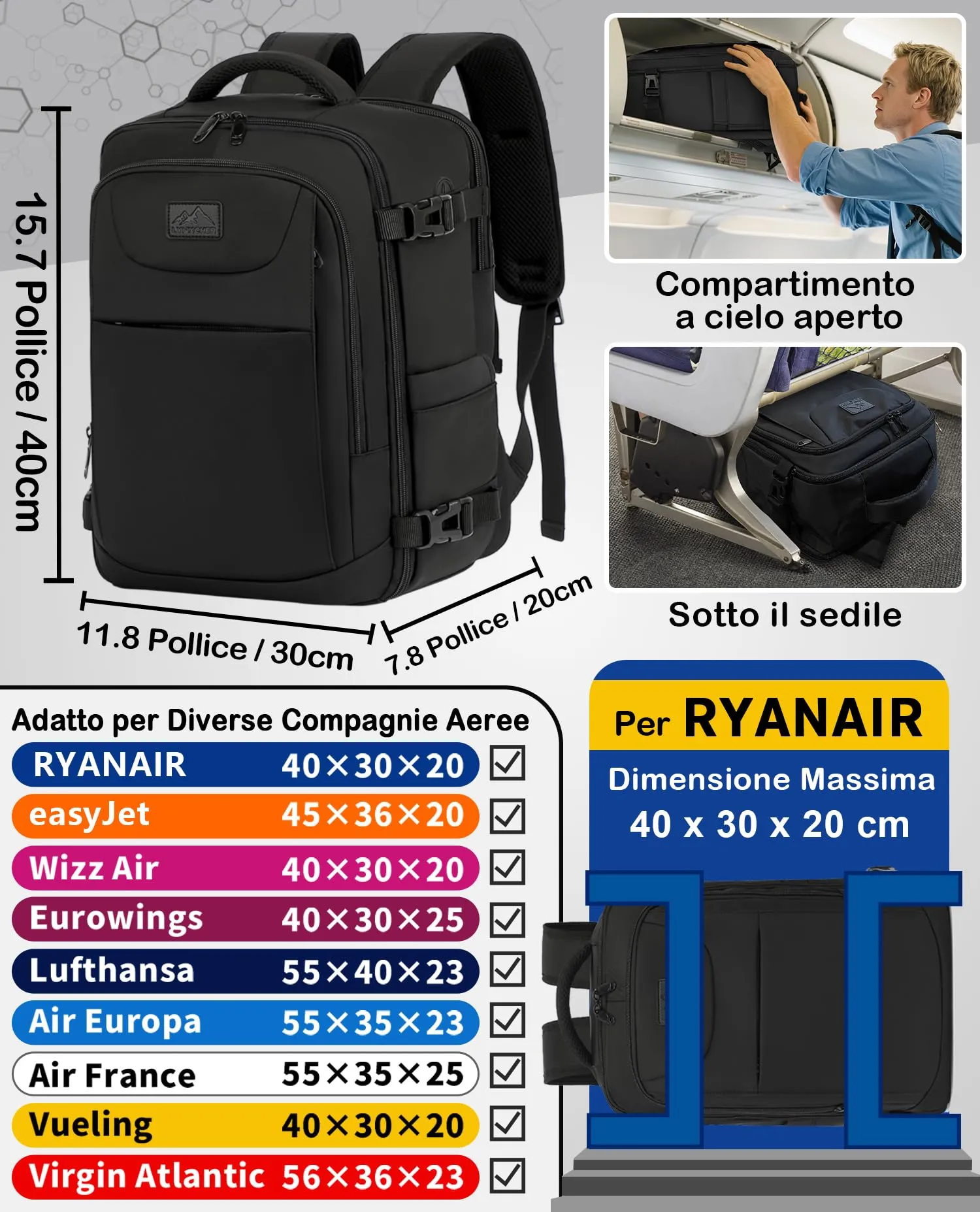 LYNXCHER Zaino Bagaglio a Mano 40x30x20 per Ryanair EasyJet Wizz Air Eurowings, 24L con Porta Computer 15,6 Pollici, Nero - immagine 2