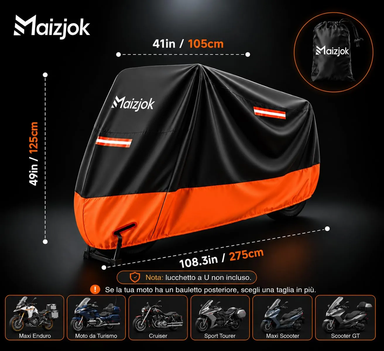 Maizjok Telo Moto Impermeabile 210D XXL 275x105x125 cm - immagine 7