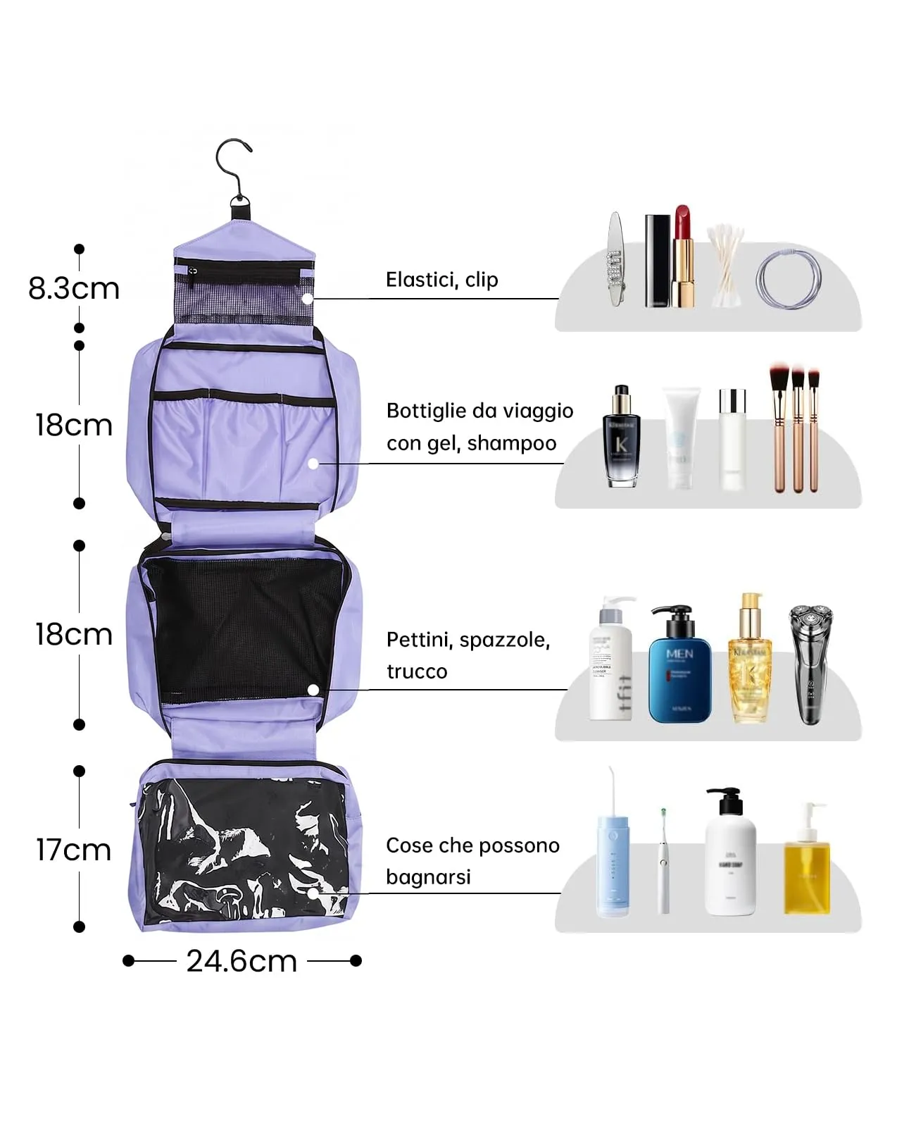 Seaforie Beauty Case da Viaggio per Uomo e Donna, Viola, 28,5 * 19,3 * 12,3 cm - immagine 4
