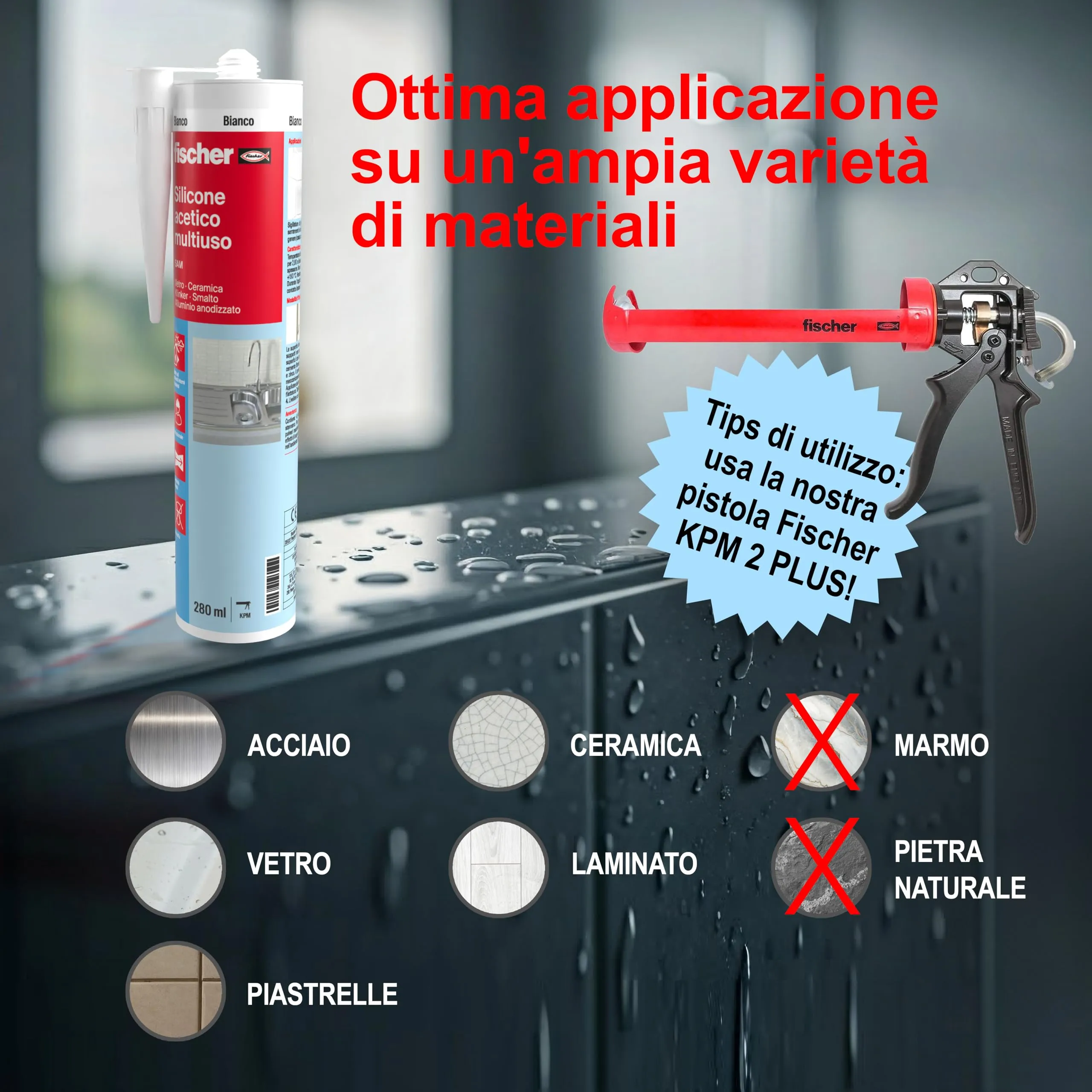 Fischer SAM Silicone Acetico Multiuso Trasparente, 3 Pezzi - immagine 5
