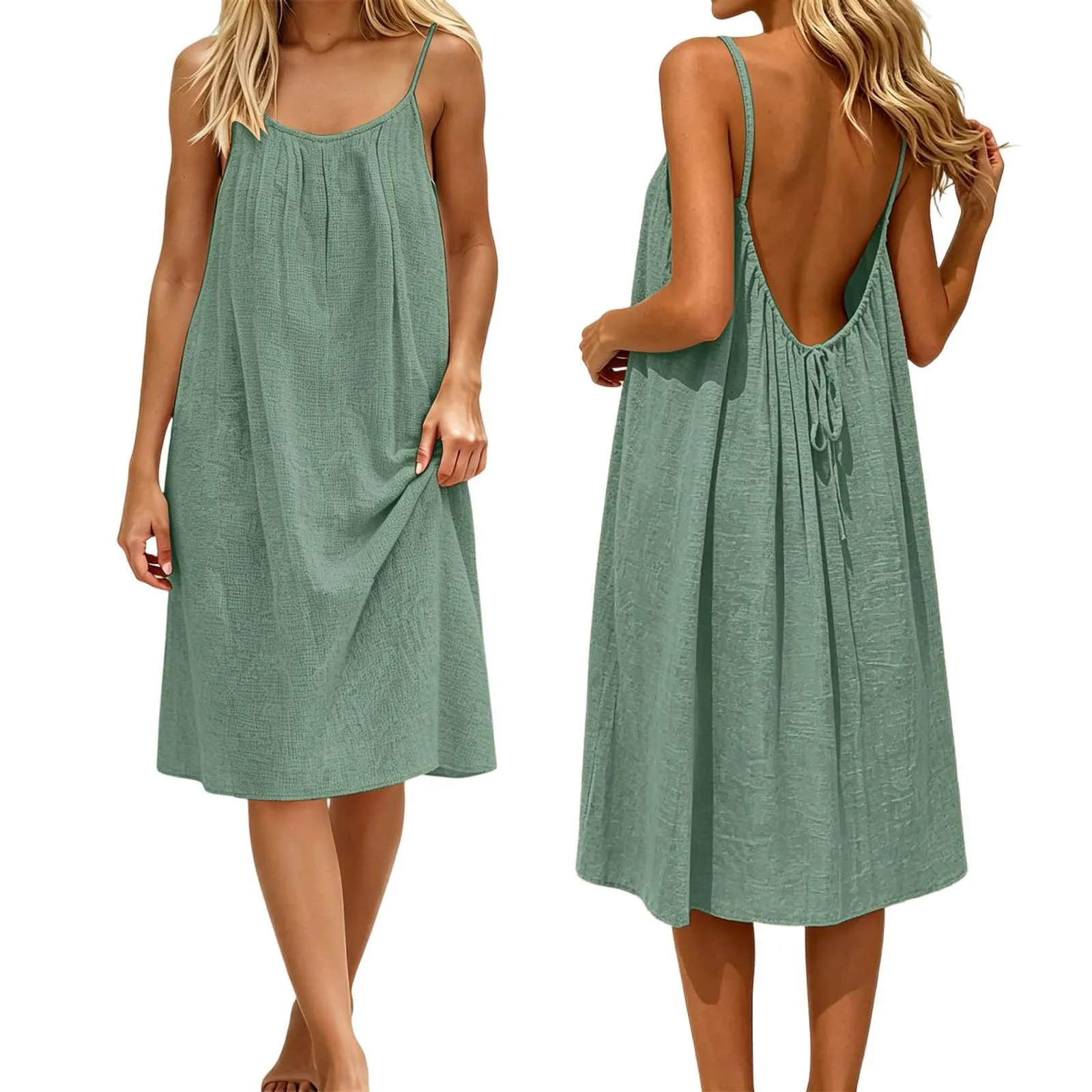 Generico Vestito Lungo Estivo Donna Senza Maniche, Verde Militare - immagine 1