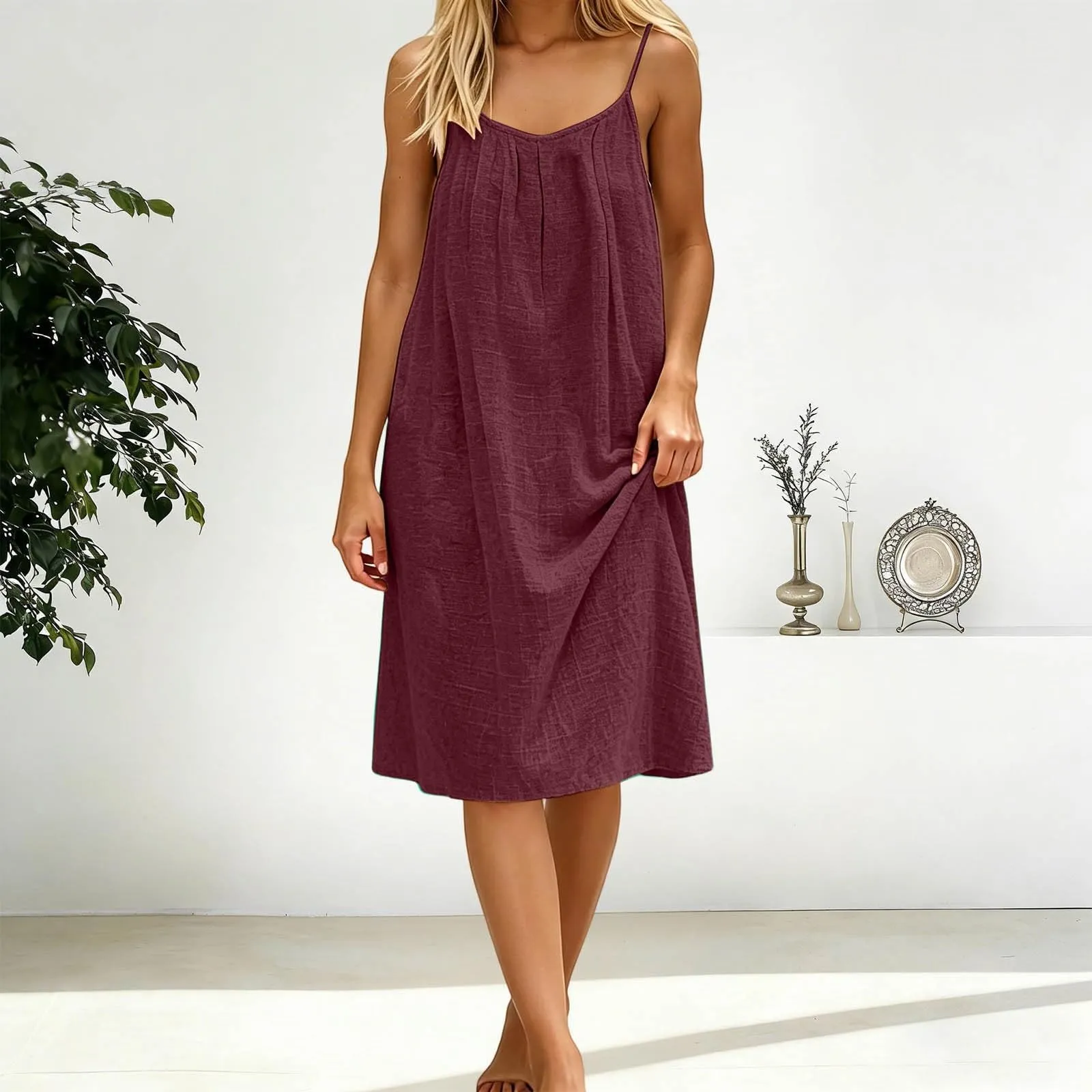 Generico Vestito Lungo Estivo Donna Senza Maniche, Vino - immagine 3