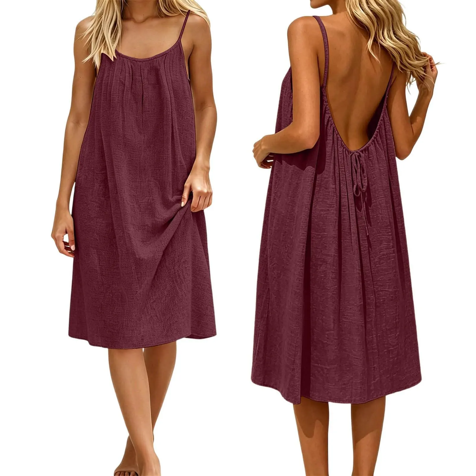Generico Vestito Lungo Estivo Donna Senza Maniche, Vino - immagine 1