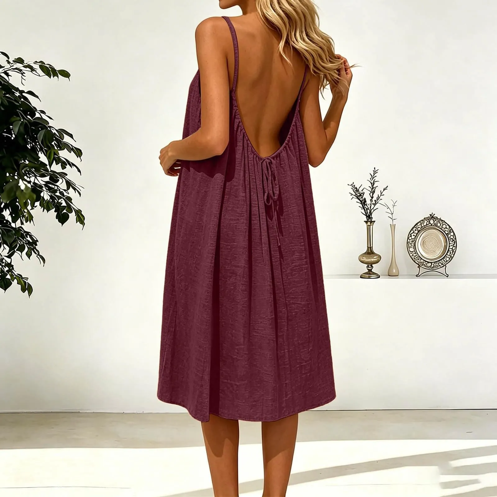 Generico Vestito Lungo Estivo Donna Senza Maniche, Vino - immagine 2