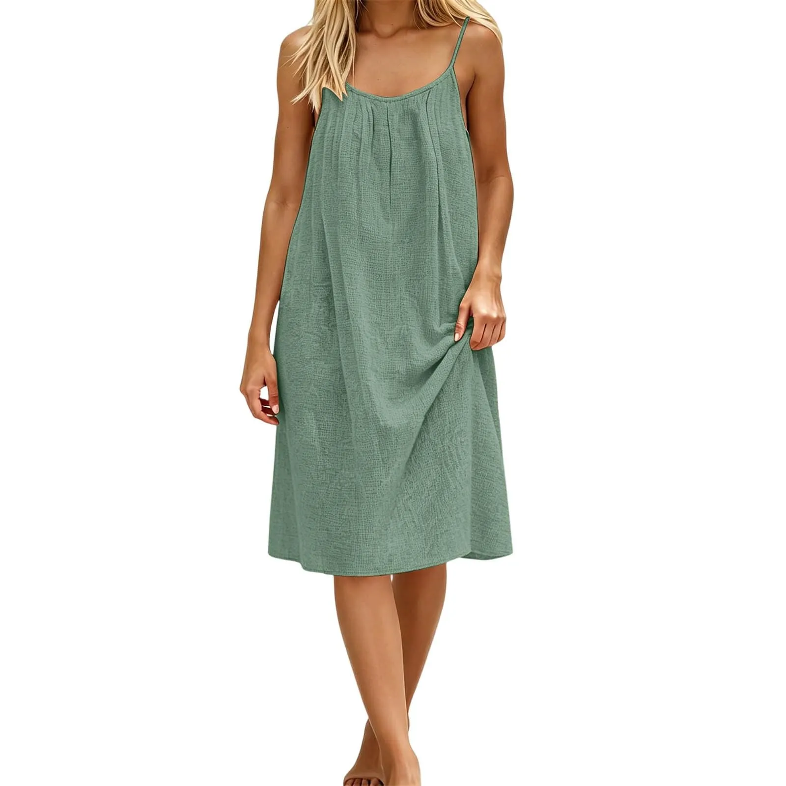Generico Vestito Lungo Estivo Donna Senza Maniche, Verde Militare - immagine 5