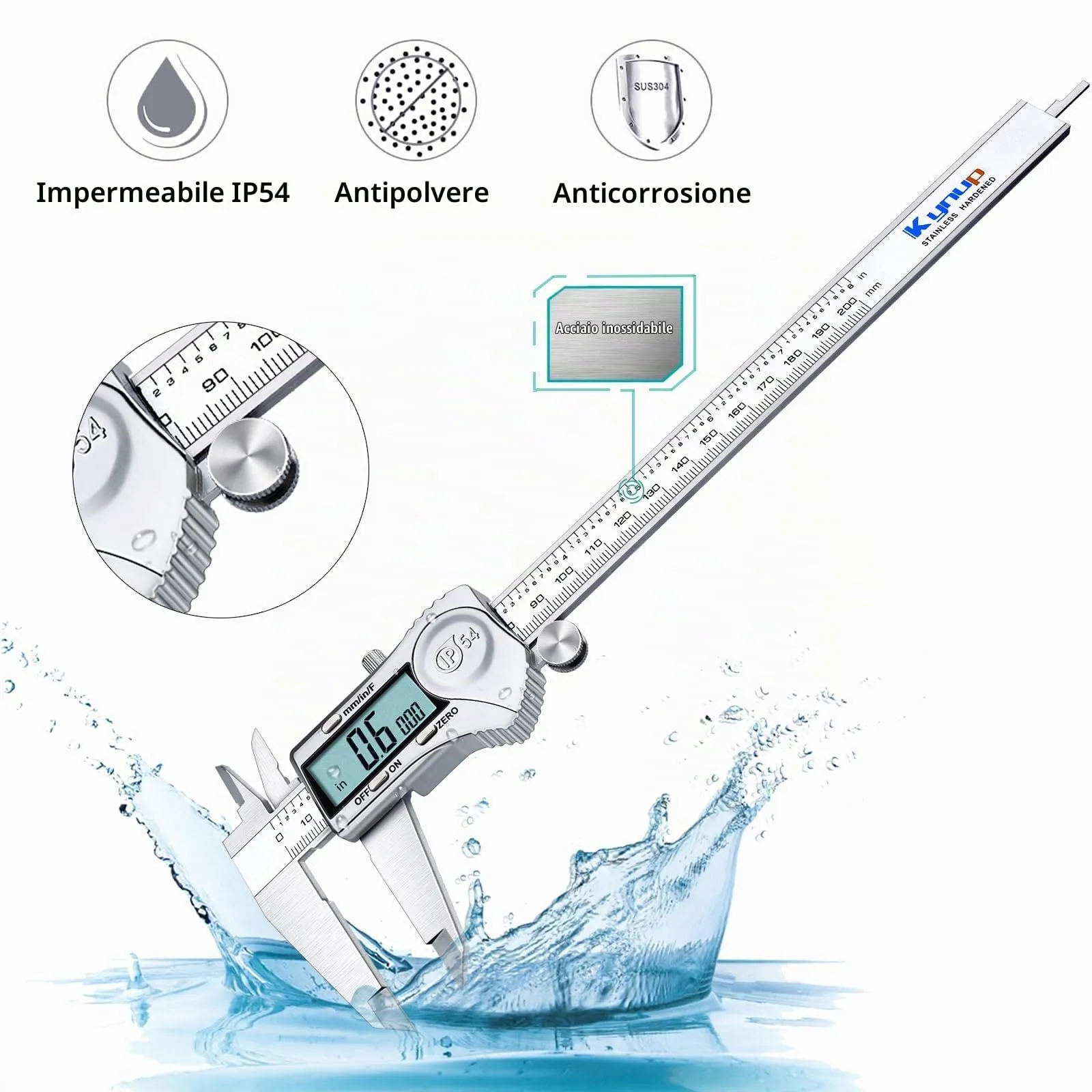 Kynup Calibro Digitale in Acciaio Inox 200mm IP54 Impermeabile - immagine 5