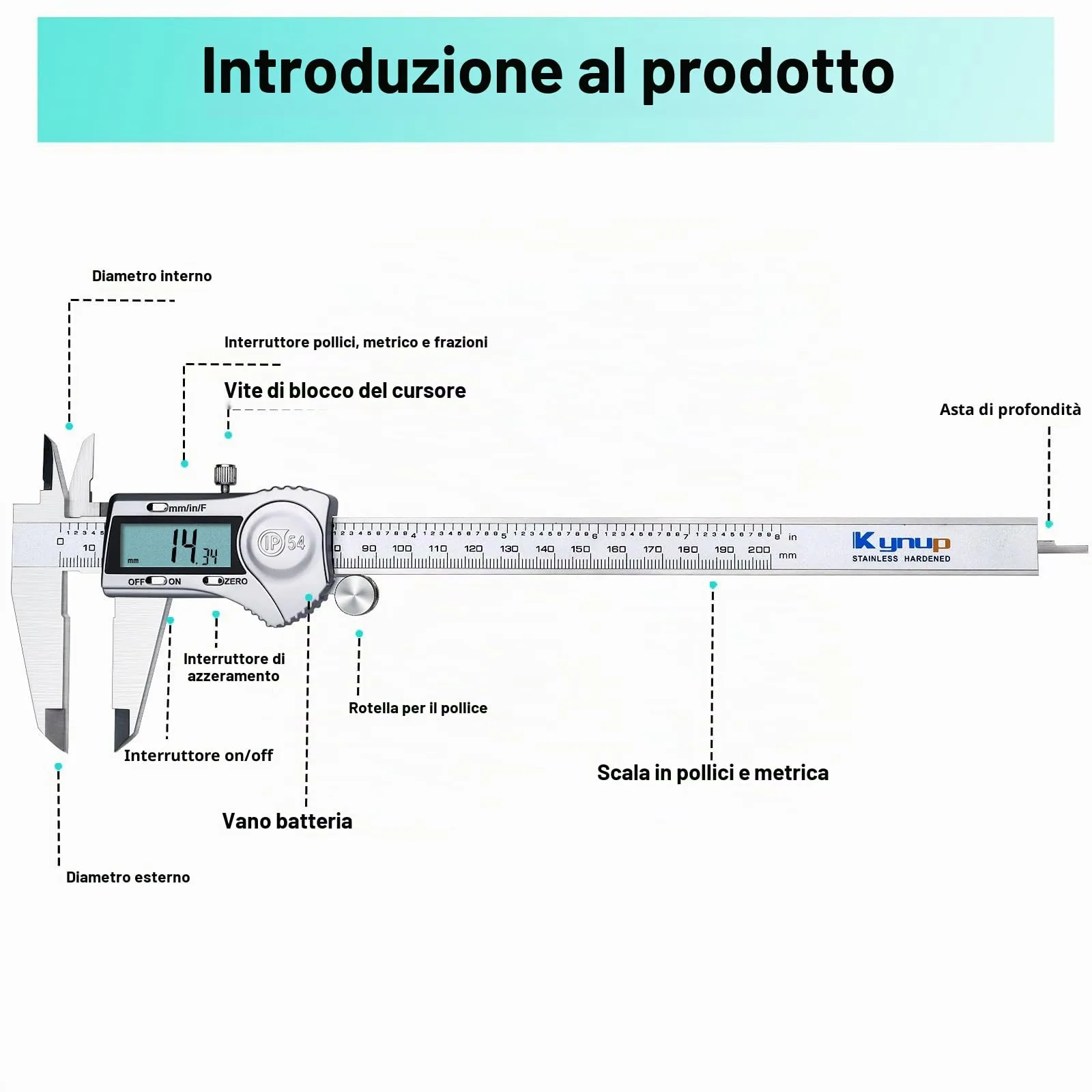 Kynup Calibro Digitale in Acciaio Inox 200mm IP54 Impermeabile - immagine 6