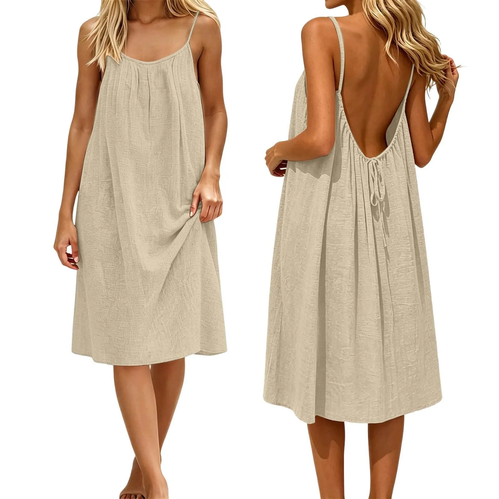 Generico Vestito Lungo Estivo Donna Senza Maniche Beige - immagine 1